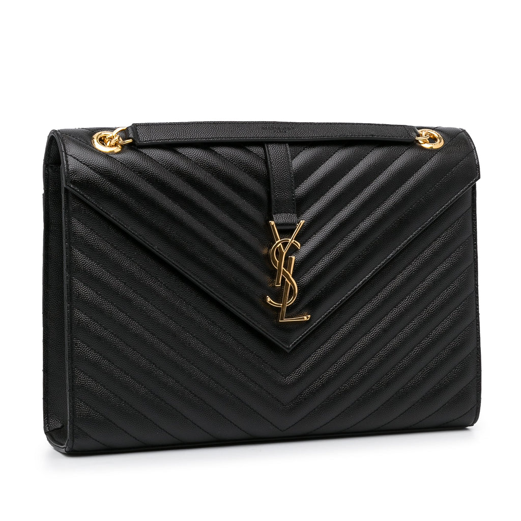 Yves Saint Laurent Envelope Large Black Chevron Quilted Leather