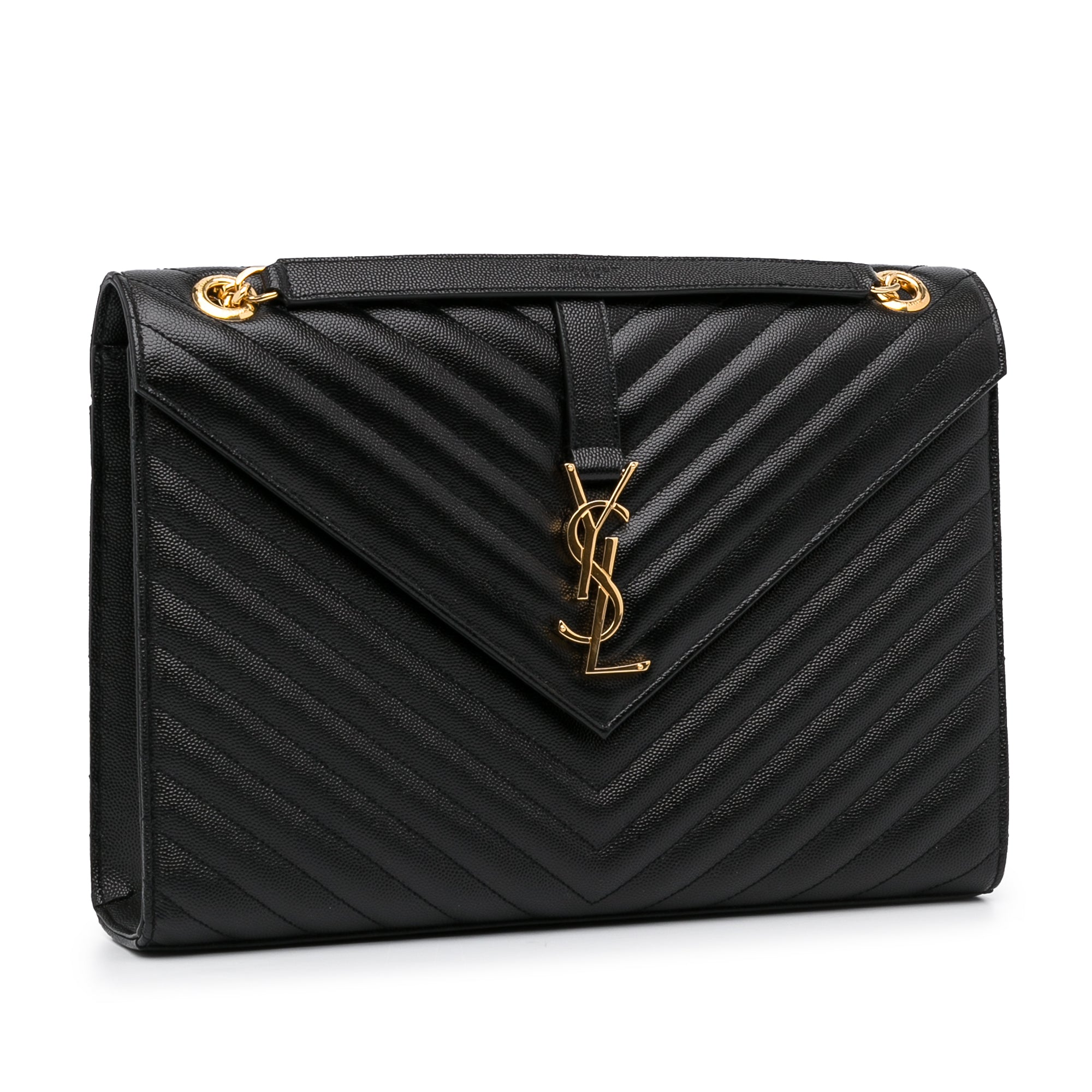 Yves Saint Laurent Envelope Large Black Chevron Quilted Leather