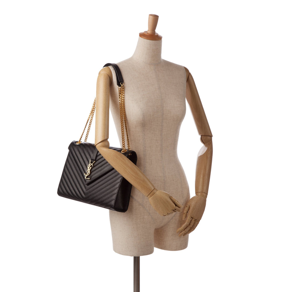 Yves Saint Laurent Envelope Large Black Chevron Quilted Leather