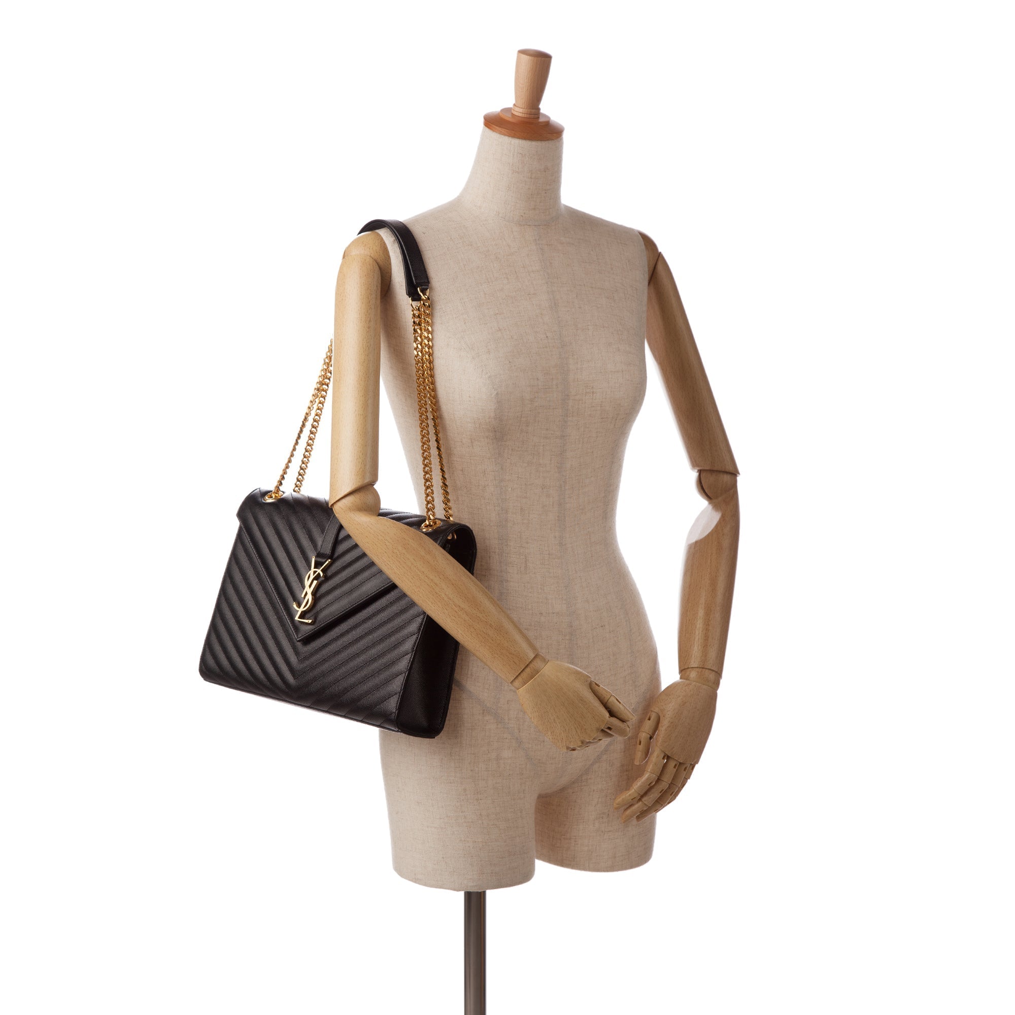 Yves Saint Laurent Envelope Large Black Chevron Quilted Leather