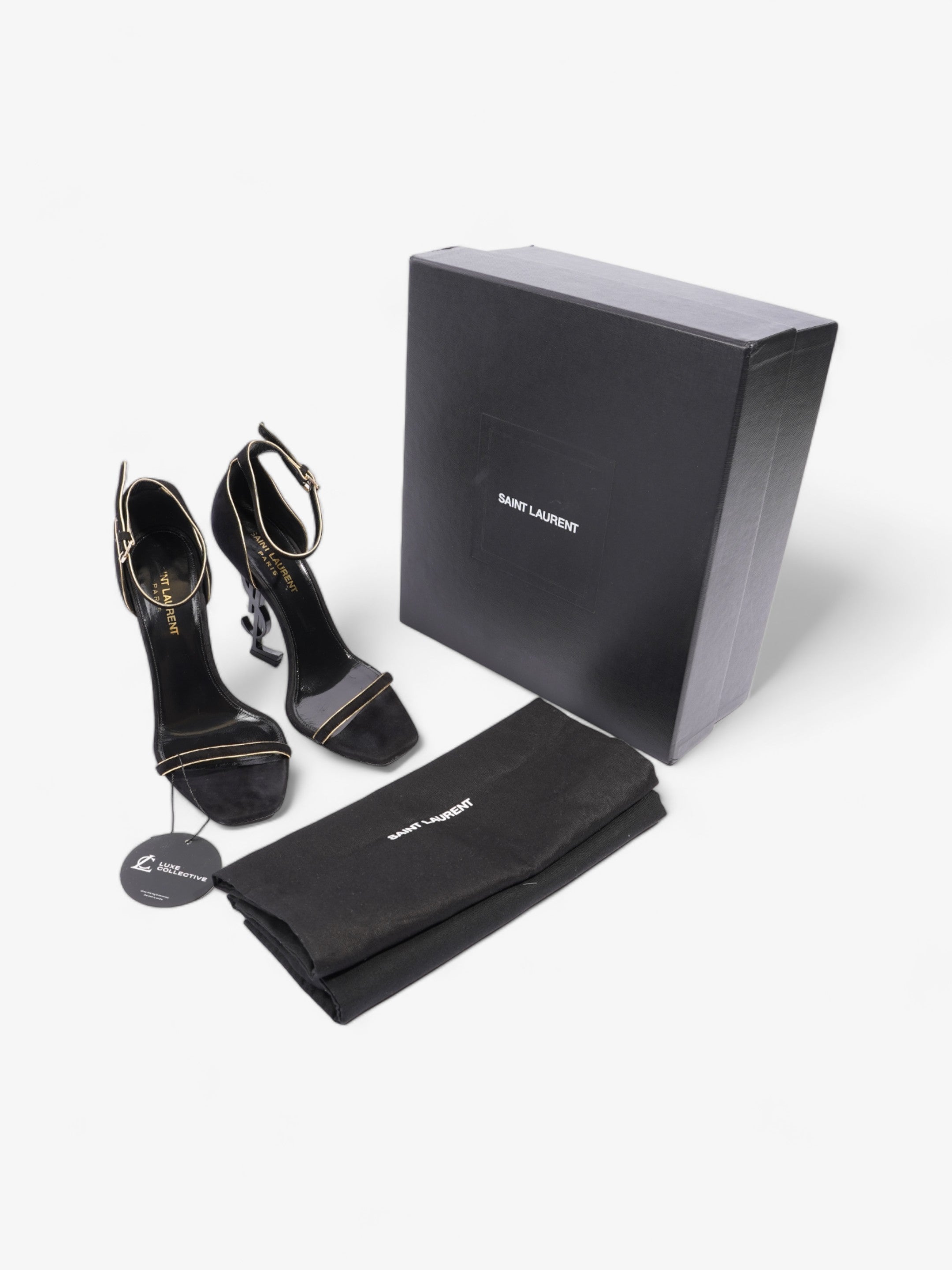 Saint Laurent Opyum Open Toe Heels 110mm Black / Gold Suede EU 37 UK 4