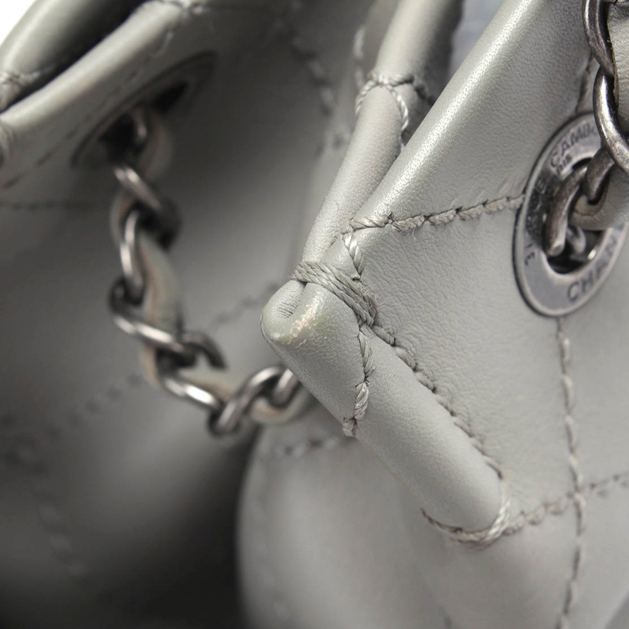 Chanel CC Pocket Handbag White Chevron Lambskin Silver