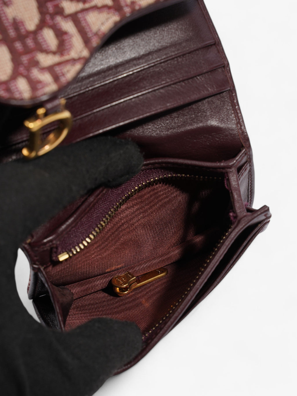 Christian Dior Saddle Card Holder Burgundy Canvas