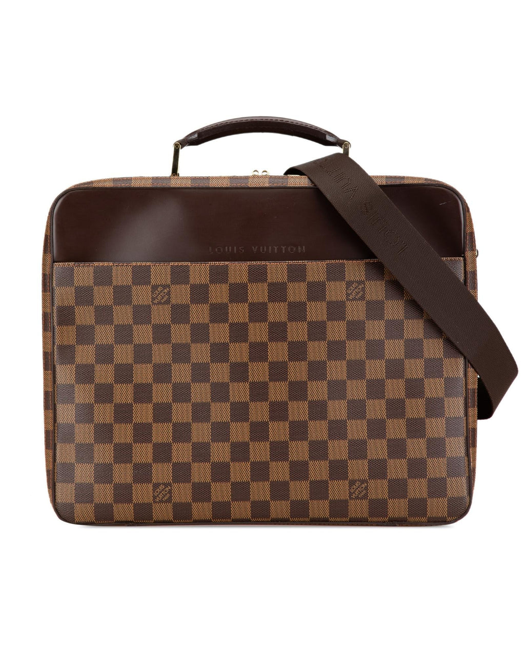 Damier Ebene Canvas Laptop Bag with Leather Trim and Adjustable Strap