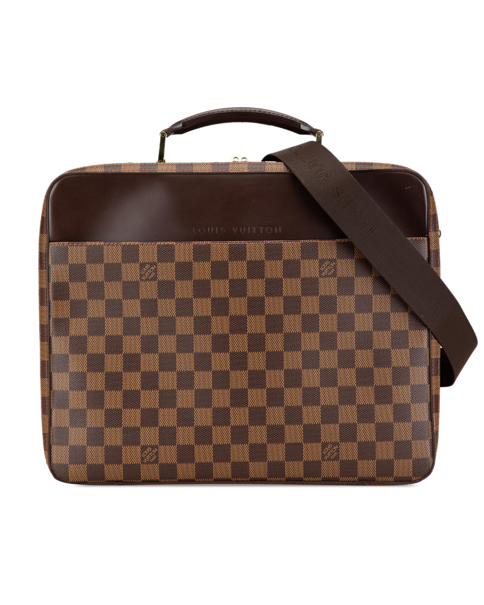 Damier Ebene Canvas Laptop Bag with Leather Trim and Adjustable Strap