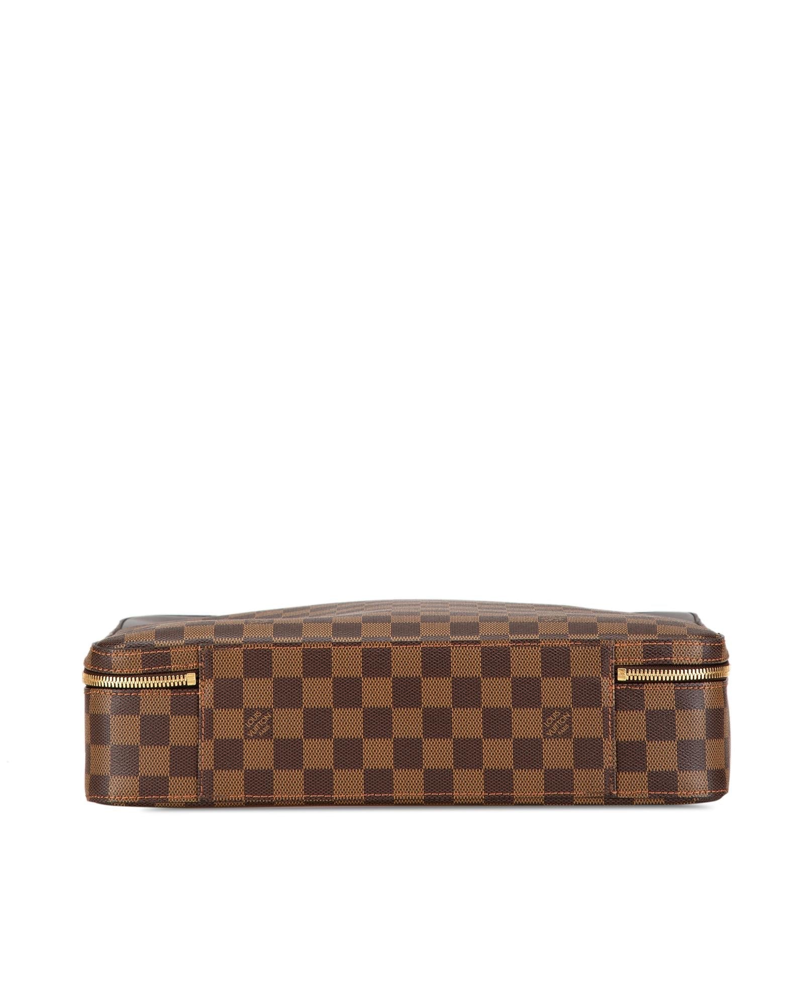 Damier Ebene Canvas Laptop Bag with Leather Trim and Adjustable Strap