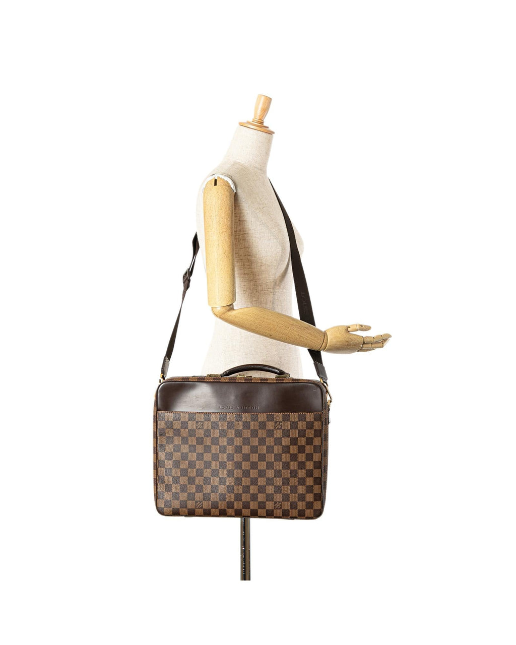 Damier Ebene Canvas Laptop Bag with Leather Trim and Adjustable Strap