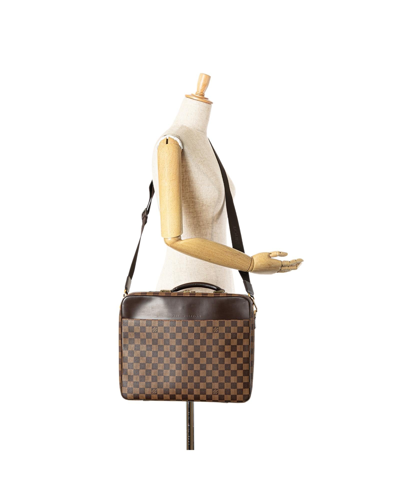 Damier Ebene Canvas Laptop Bag with Leather Trim and Adjustable Strap