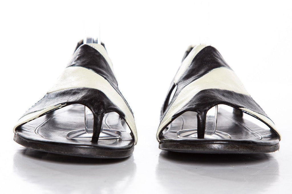 Marsell Black & Ivory Striped Leather Flat Sandals SZ 35.5