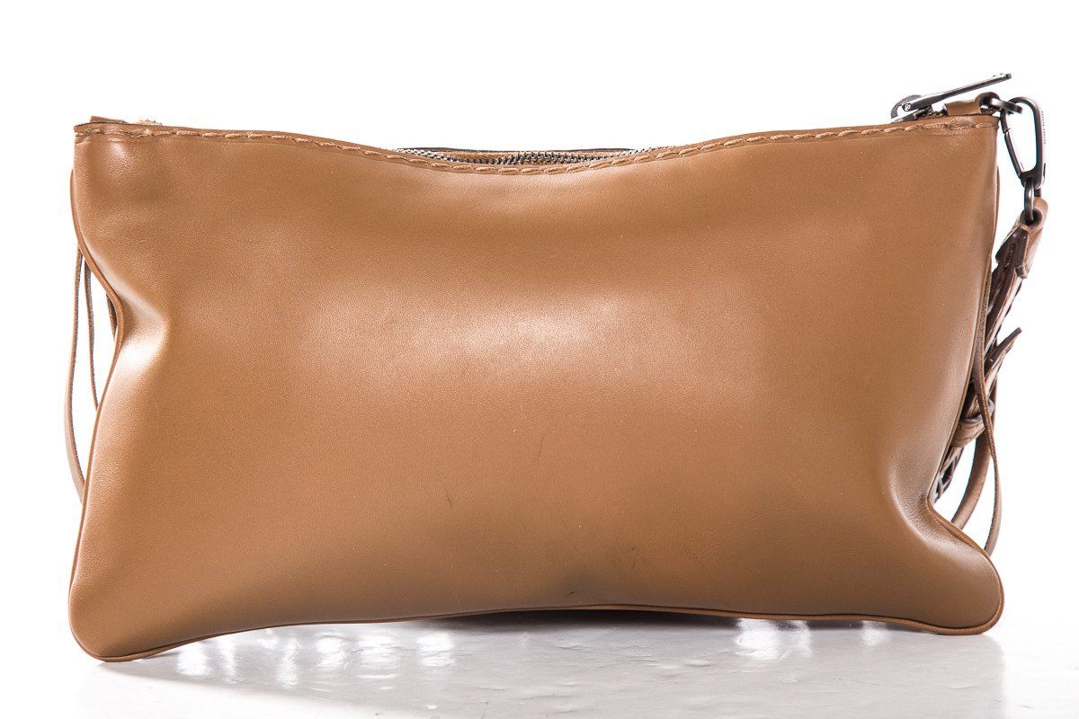 Miu Miu Light Brown Fringe Detail Leather Wristlet Clutch