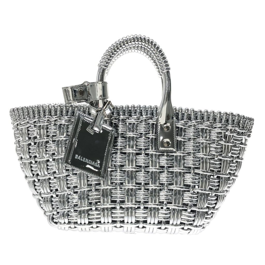 Silver Balenciaga XS Mettalic Woven Bistrot Panier Tote Satchel