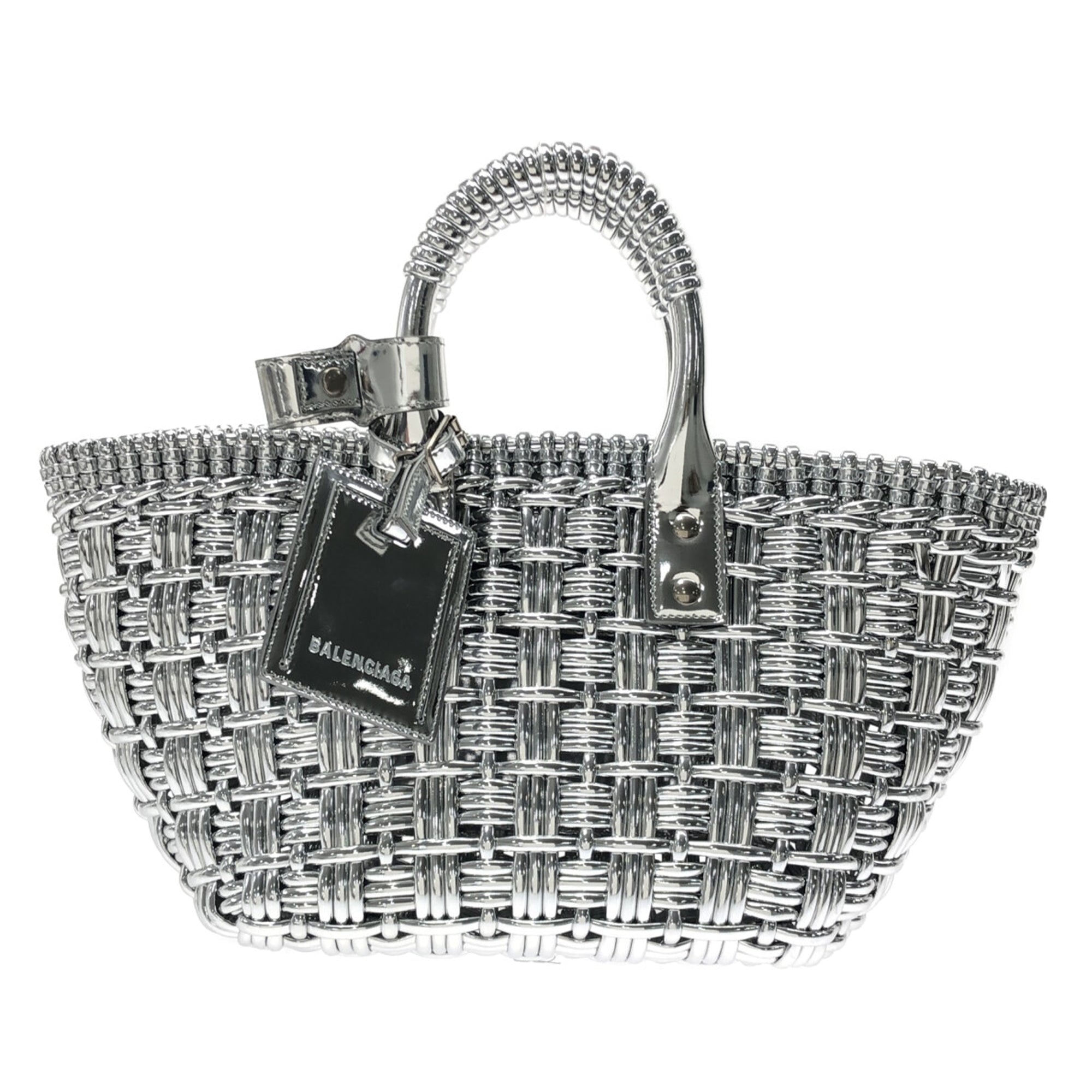 Silver Balenciaga XS Mettalic Woven Bistrot Panier Tote Satchel