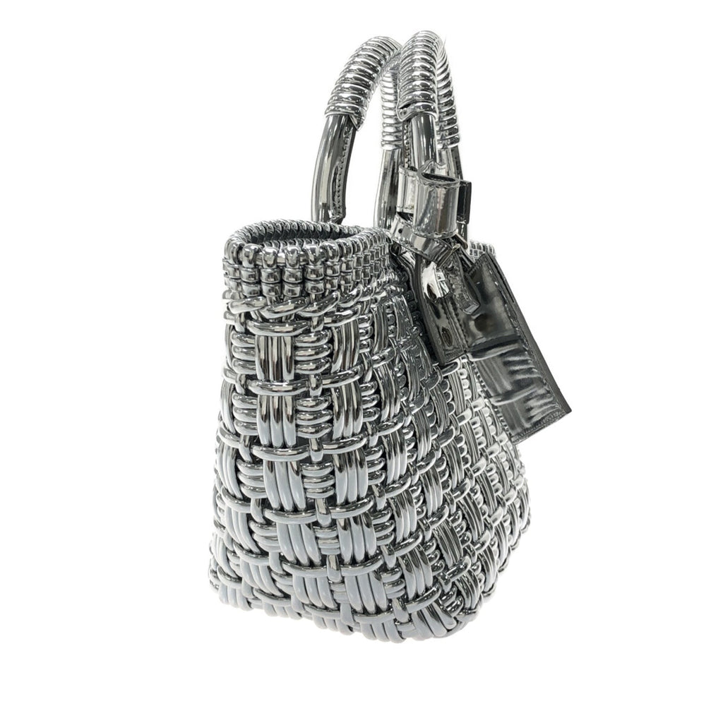 Silver Balenciaga XS Mettalic Woven Bistrot Panier Tote Satchel