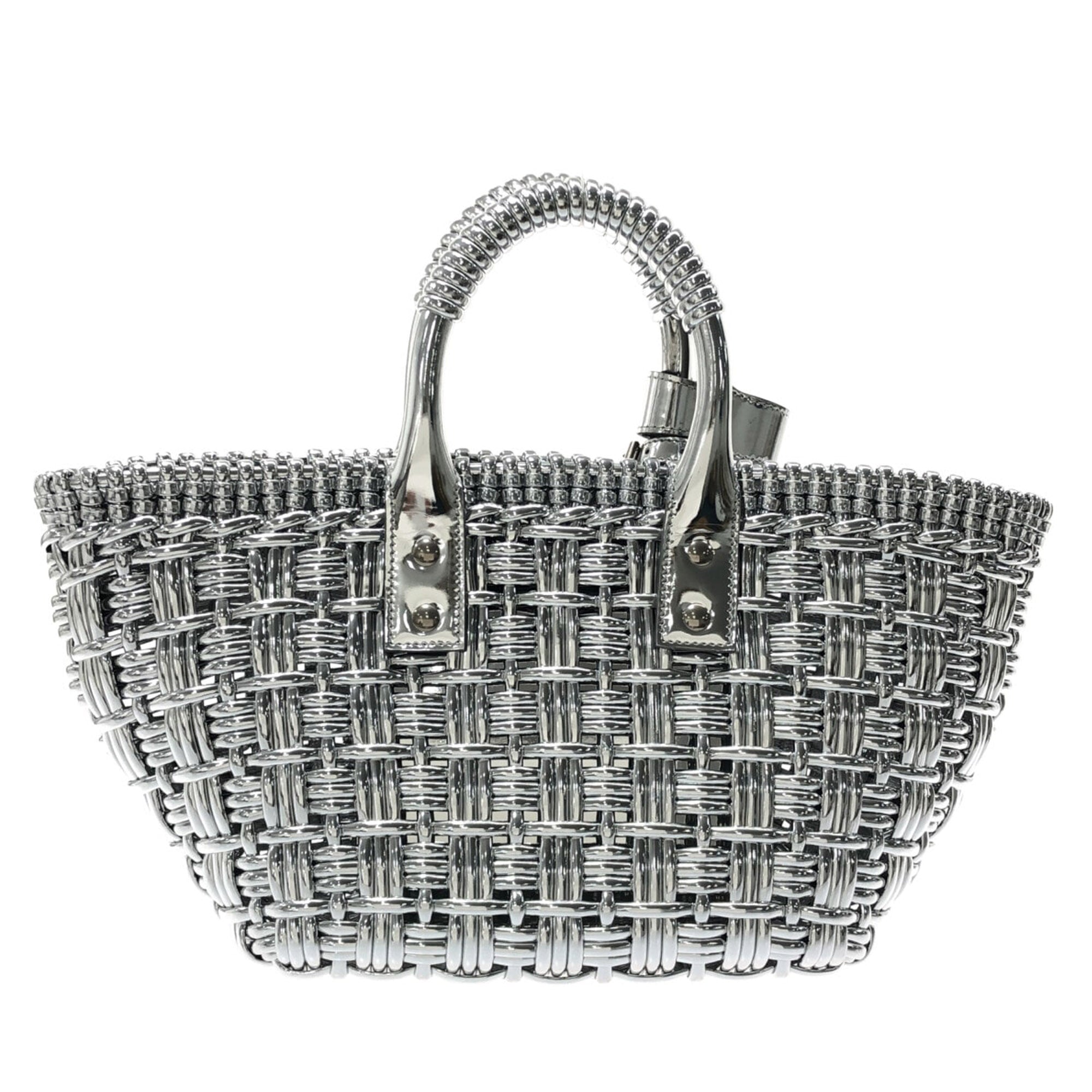 Silver Balenciaga XS Mettalic Woven Bistrot Panier Tote Satchel