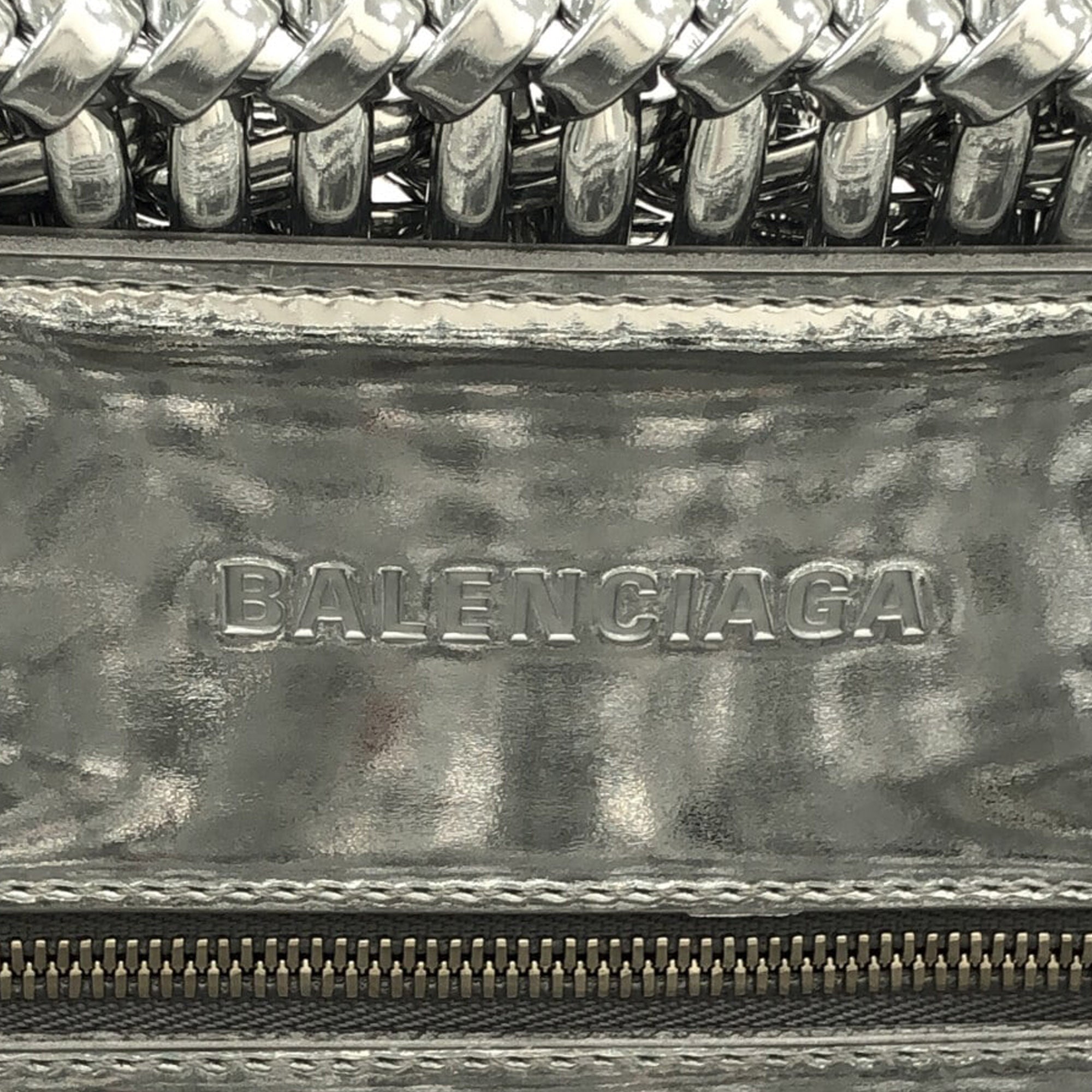 Silver Balenciaga XS Mettalic Woven Bistrot Panier Tote Satchel