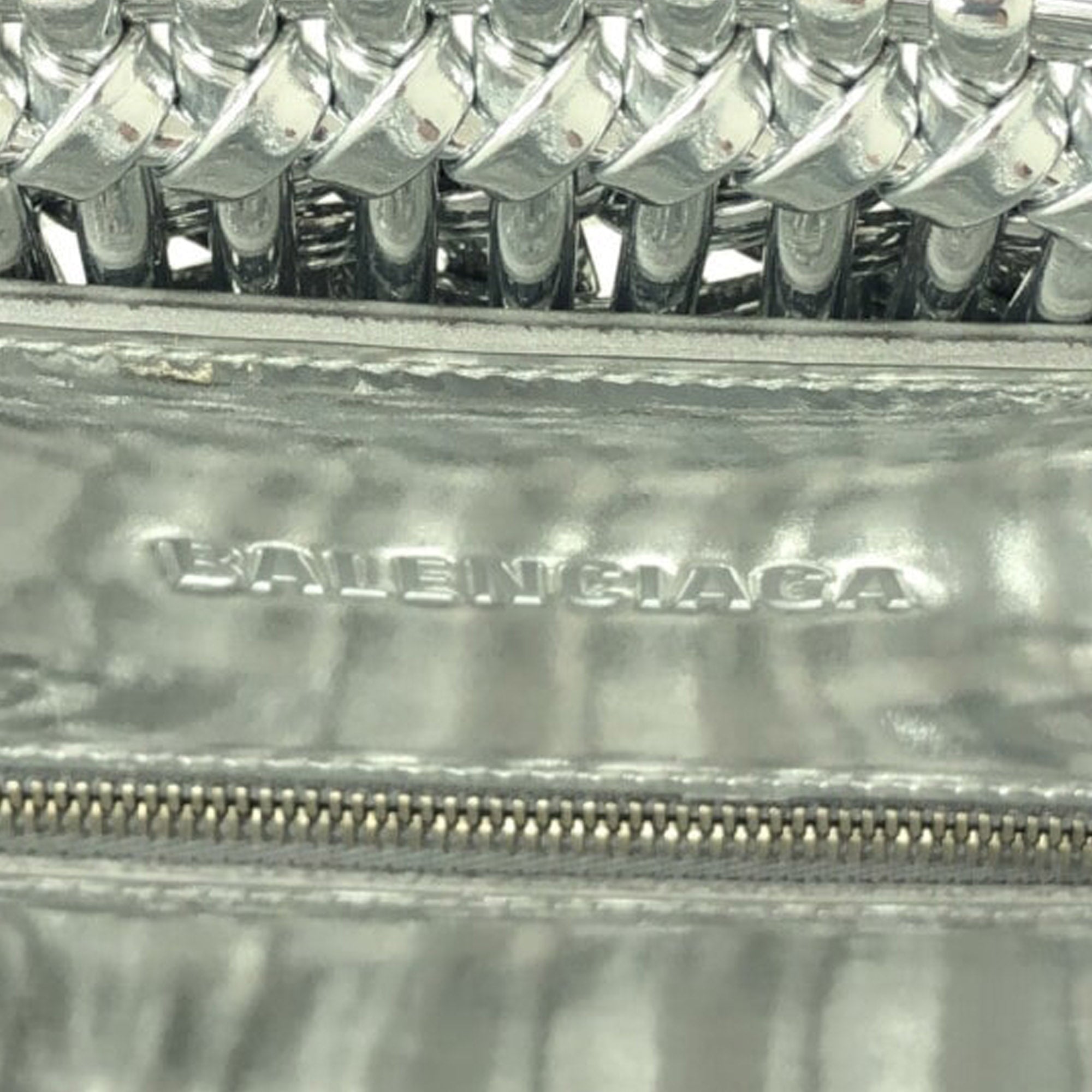 Silver Balenciaga XS Mettalic Woven Bistrot Panier Tote Satchel