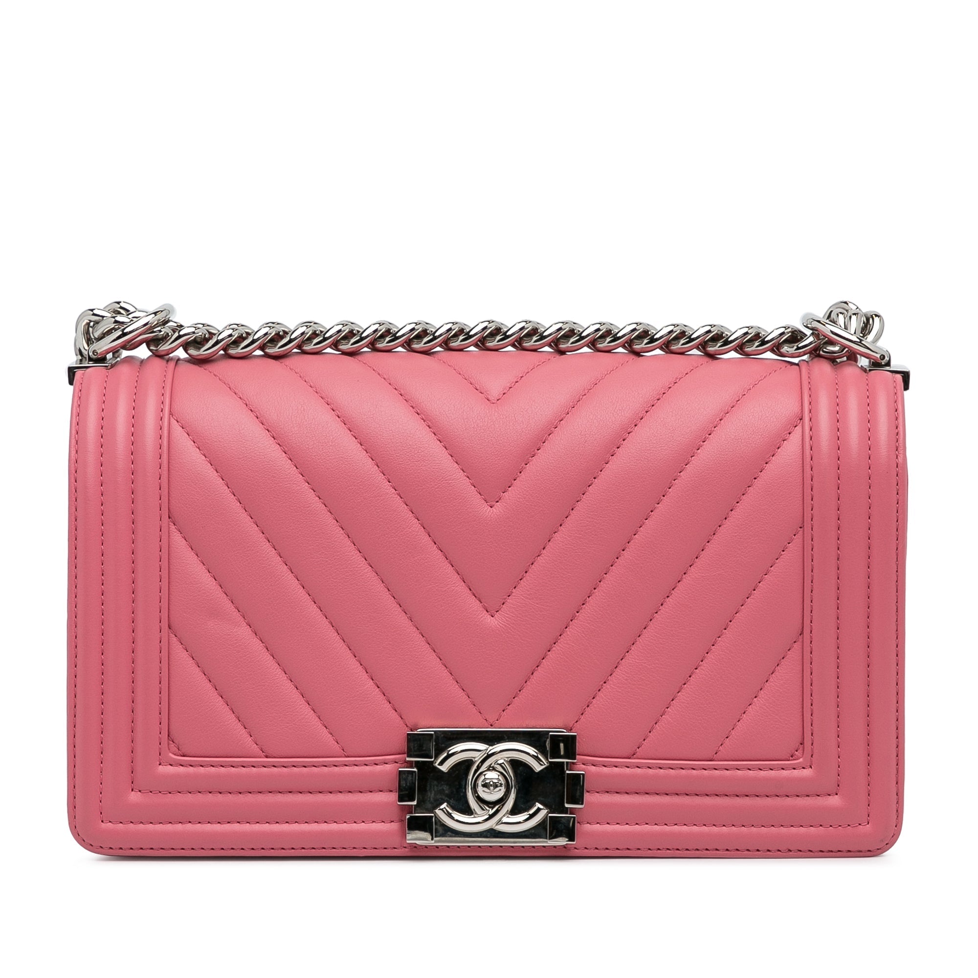 Chanel Boy Flap Medium Pink Chevron Lambskin Silver