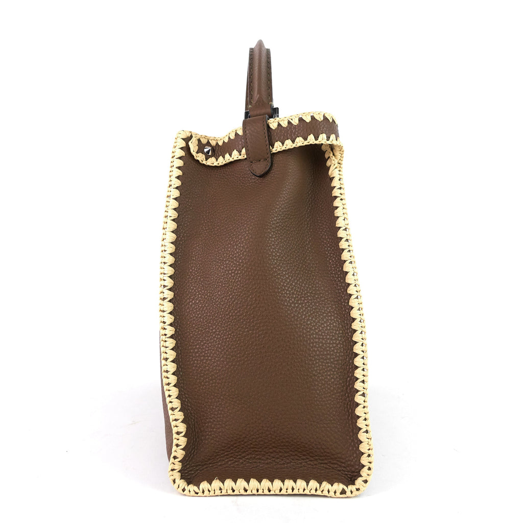 FENDI Peekaboo X-Lite Large Pebbled Calfskin and Raffia Tote Bag