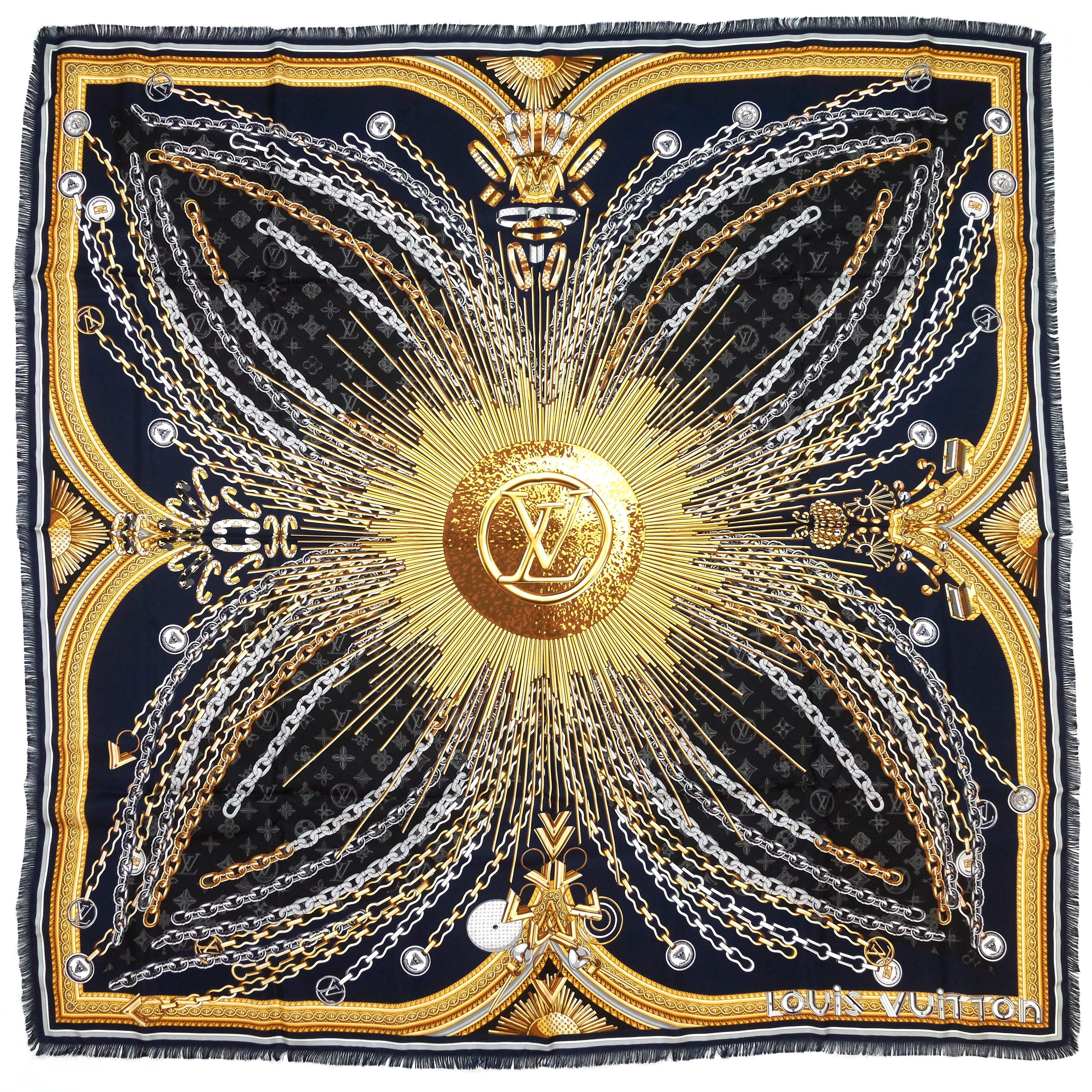 Louis Vuitto Vendome Giant Square Navy Blue Silk Scarf