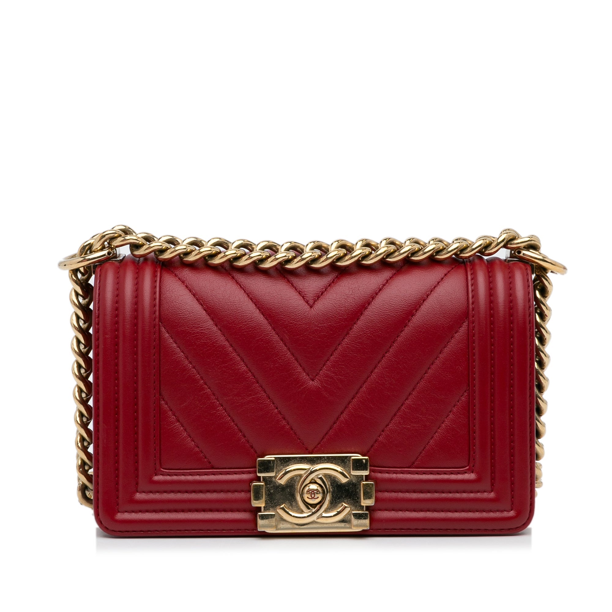 Chanel Boy Flap Medium Red Chevron Lambskin Gold