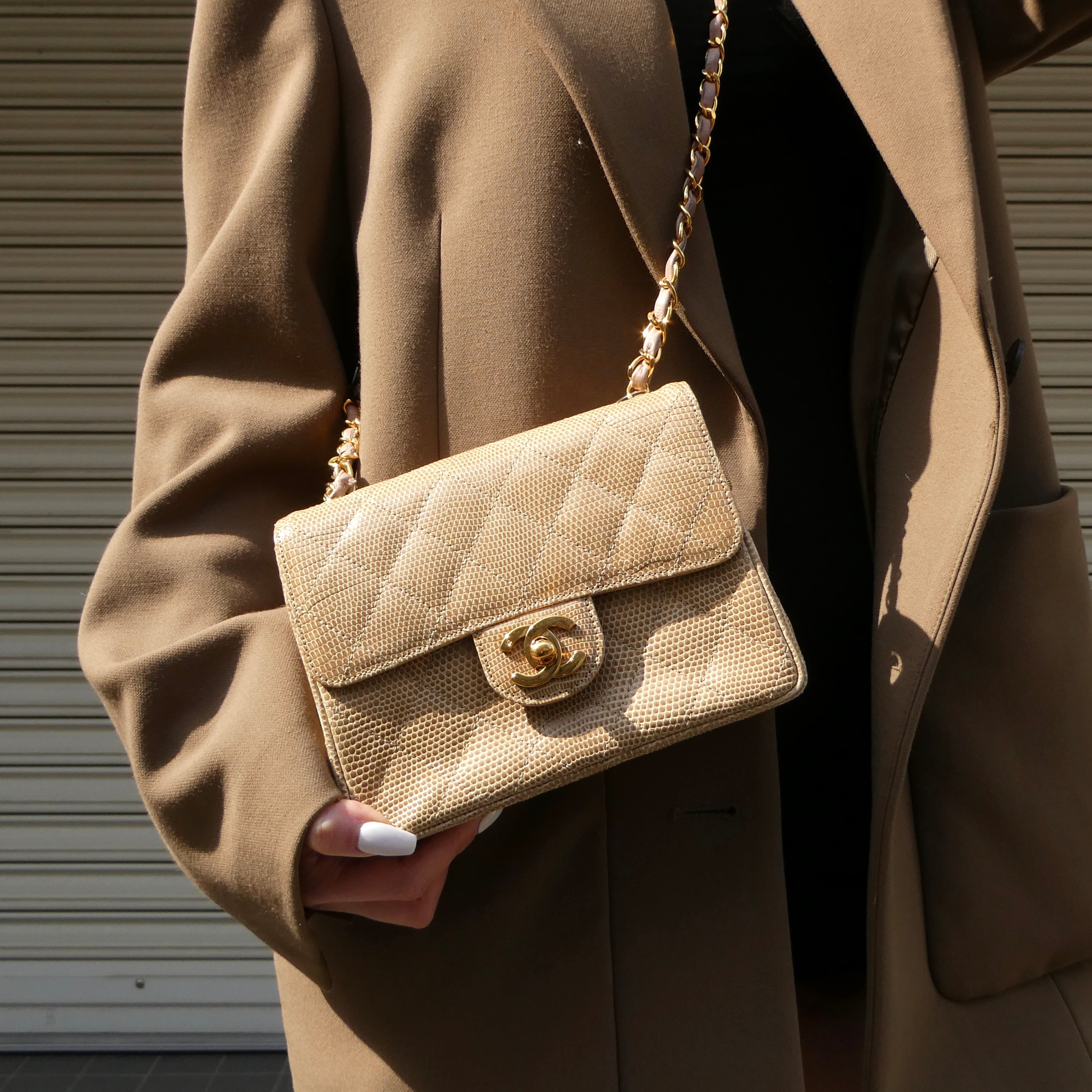 CHANEL 1991-1994 Classic Square Flap Mini Beige Lizard 47683