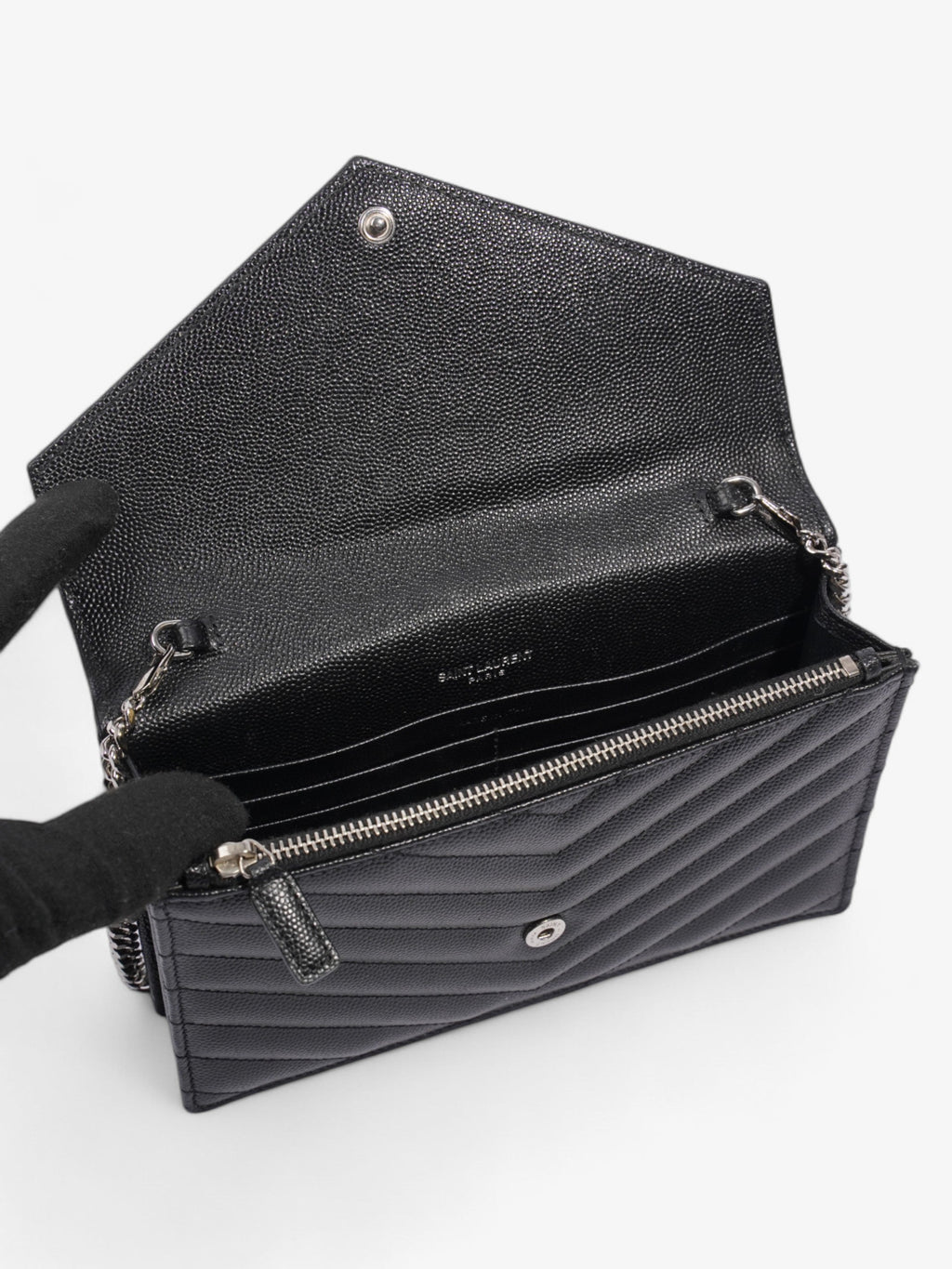 Saint Laurent Cassandre Envelope Chain Wallet Black Grained Leather