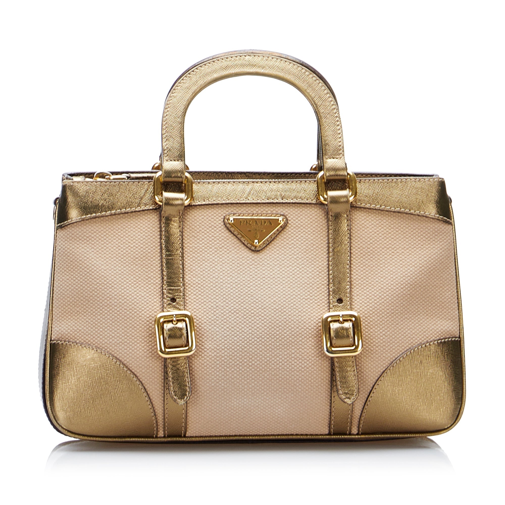Prada Handbag Beige Saffiano Trimmed Canvas