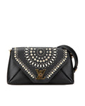 Embellished Leather Bag with Detachable Chain Strap and Twist Lock Closure