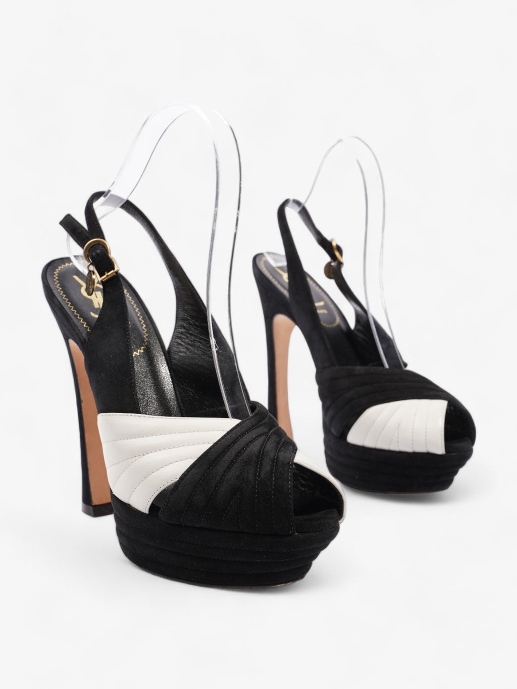 Saint Laurent Quilted Slingback Platform Heels 110mm Black / White Suede EU 38 UK 5
