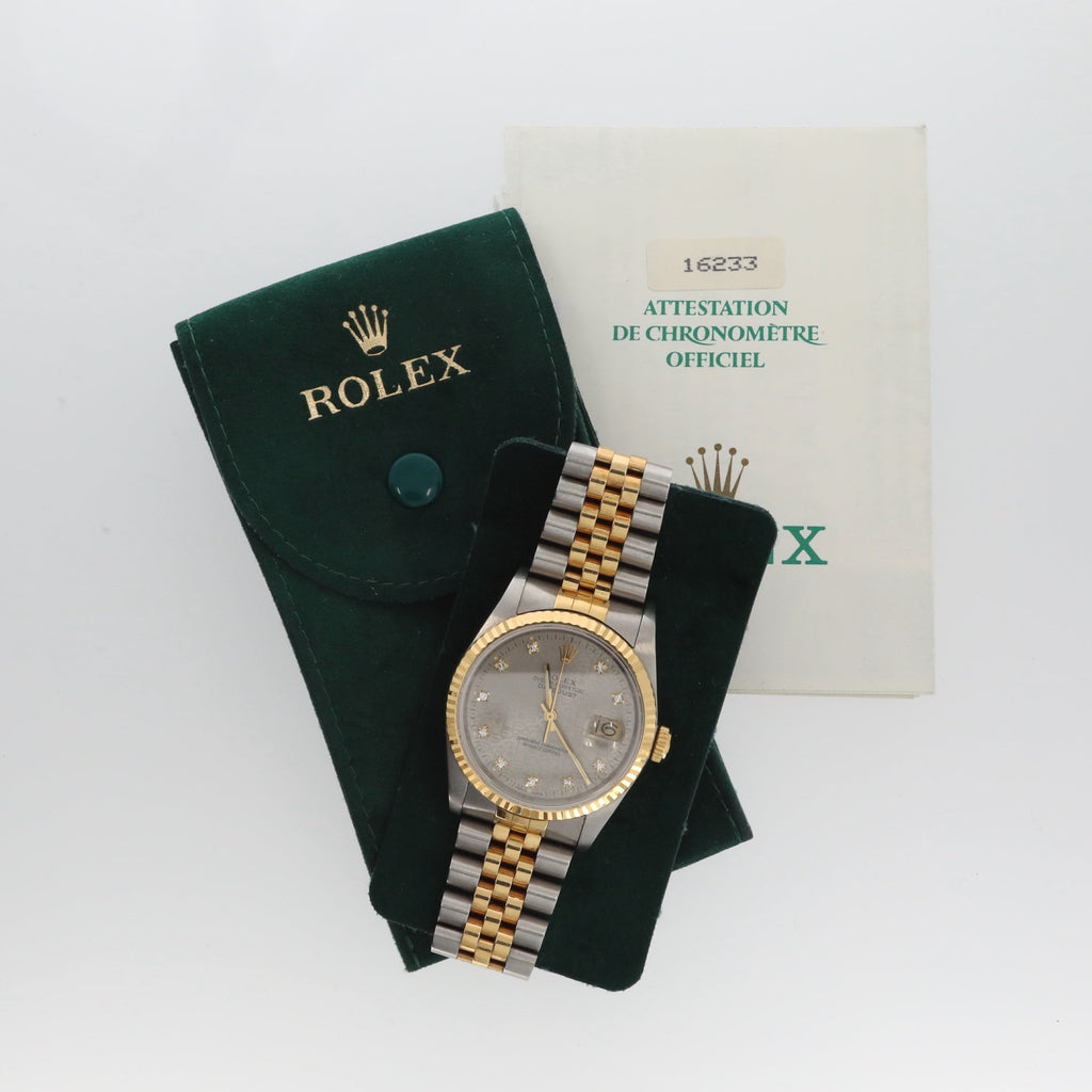 ROLEX Datejust, steel and gold wristwatch with indexes set with diamonds, circa 1989