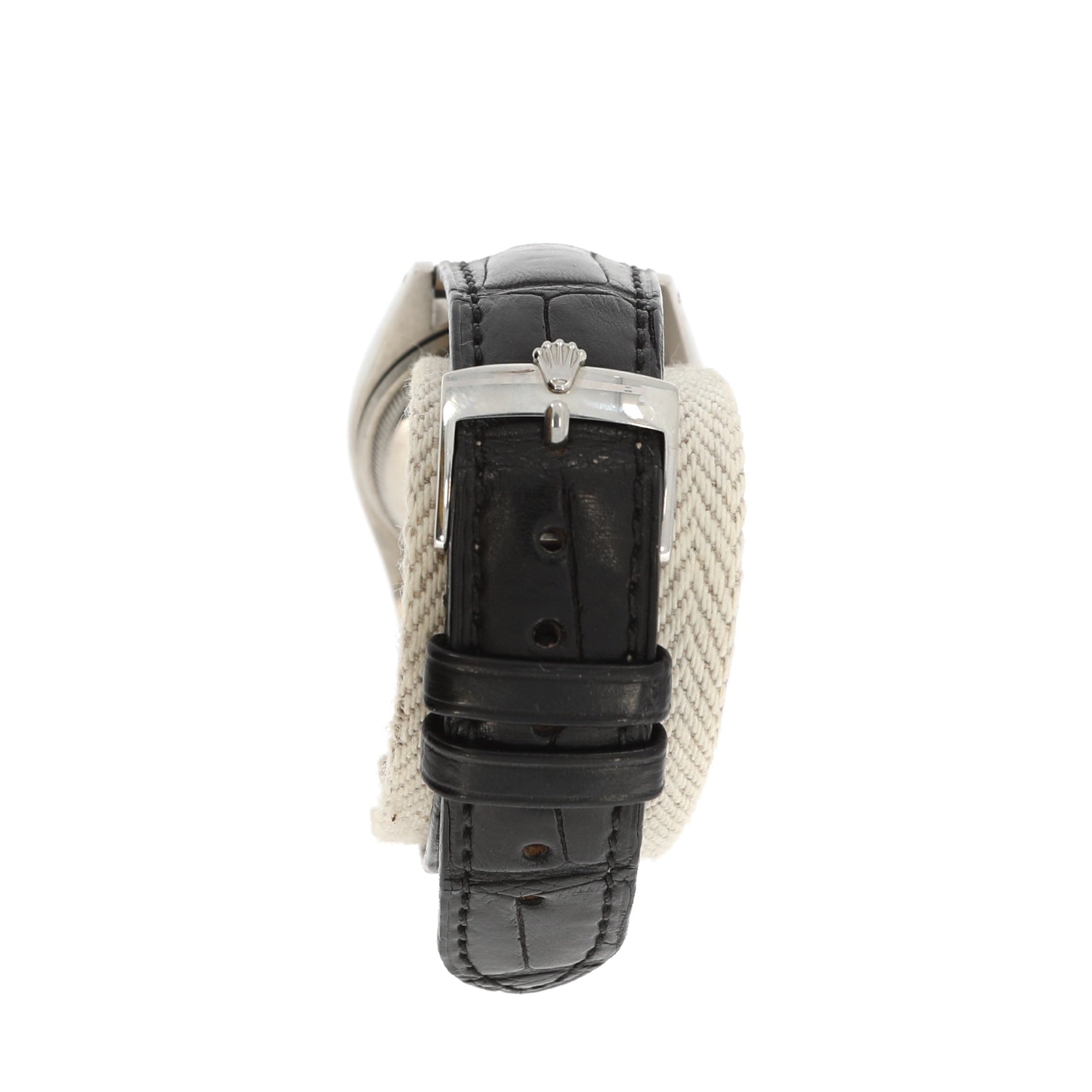 ROLEX Ovettone Big Bubble Back steel watch with croco bracelet