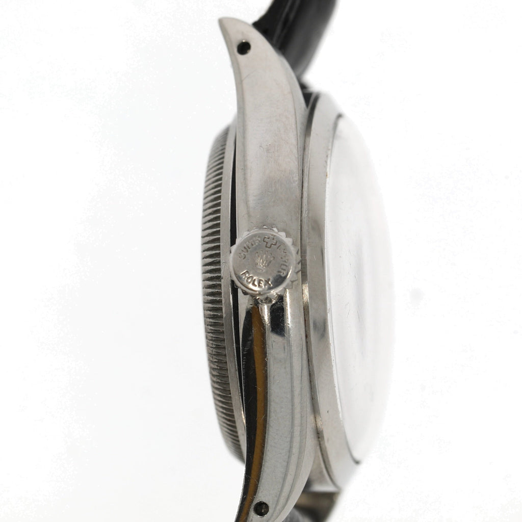 ROLEX Ovettone Big Bubble Back steel watch with croco bracelet