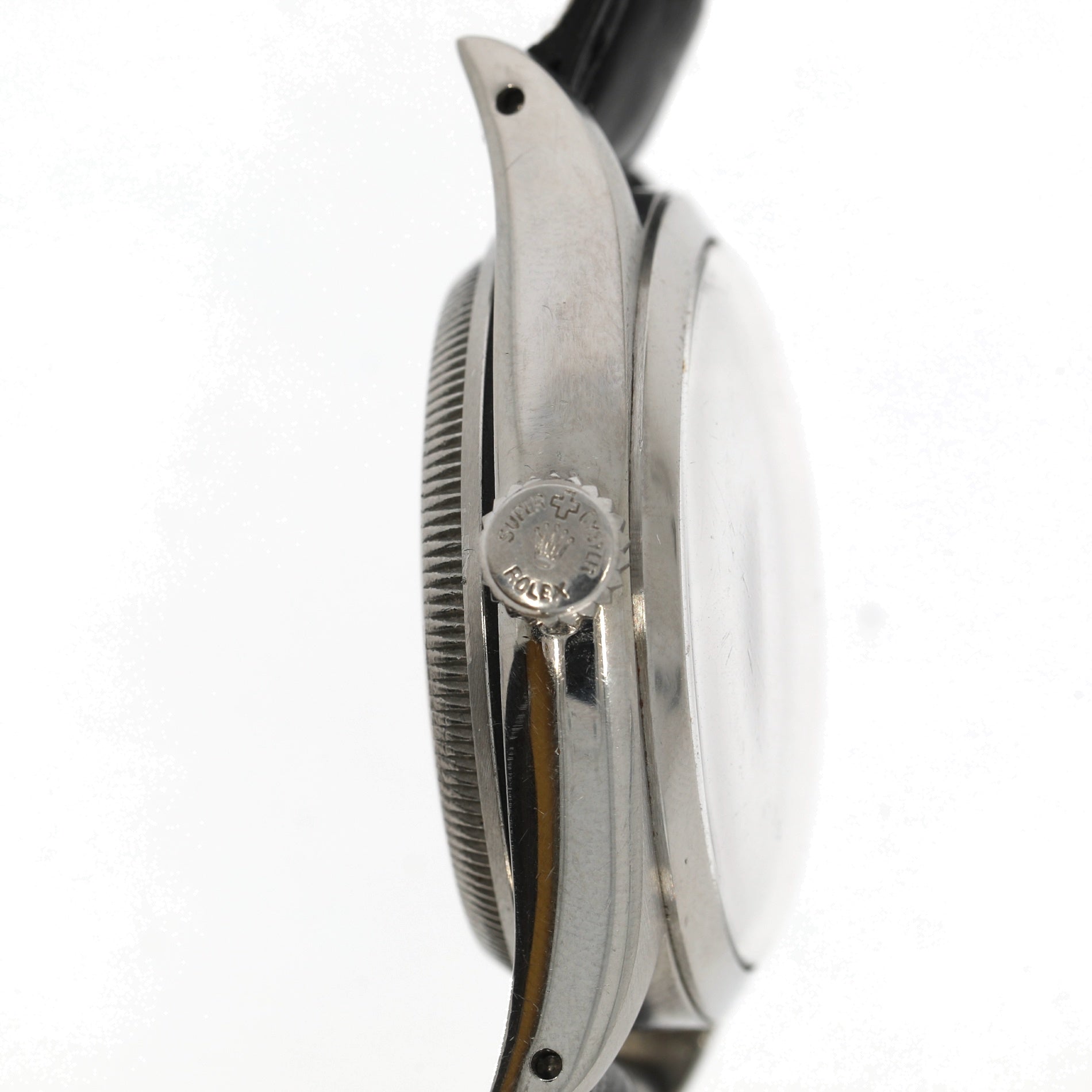 ROLEX Ovettone Big Bubble Back steel watch with croco bracelet