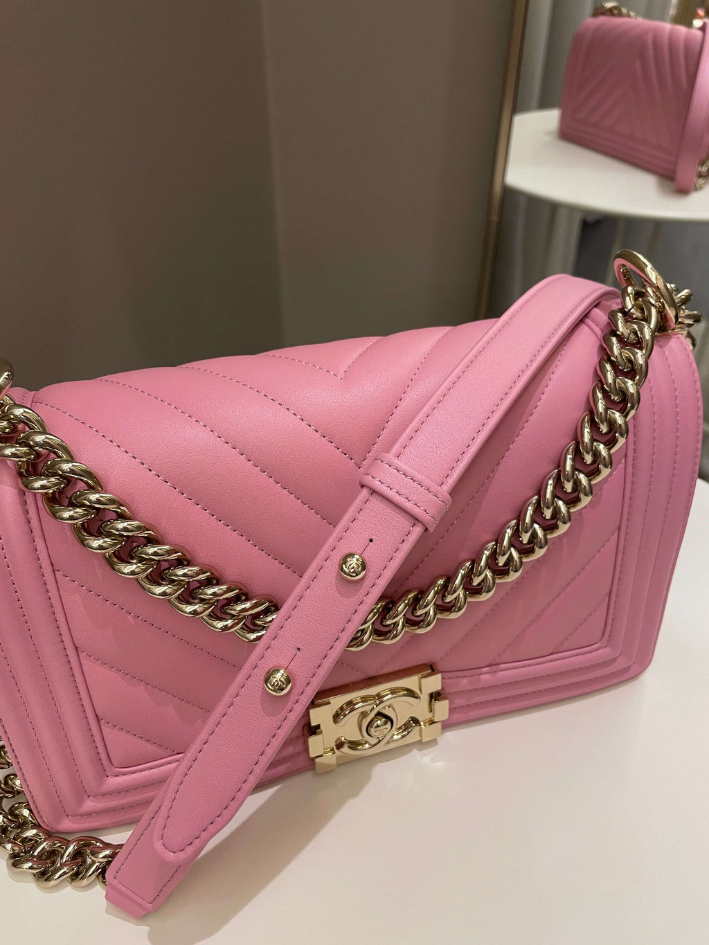 Chanel Chevron Boy Old Medium Pink Calfskin