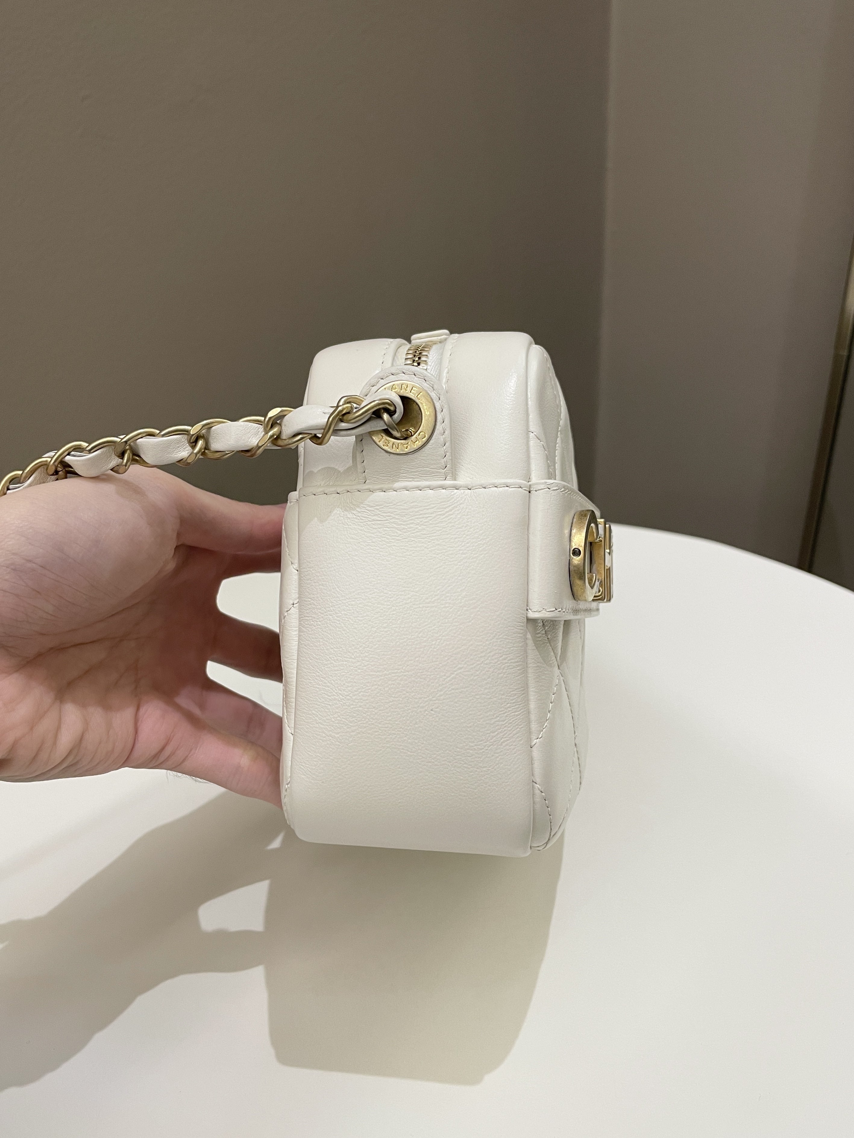 Chanel Quilted Enchained Camera Case Bag White Calfskin