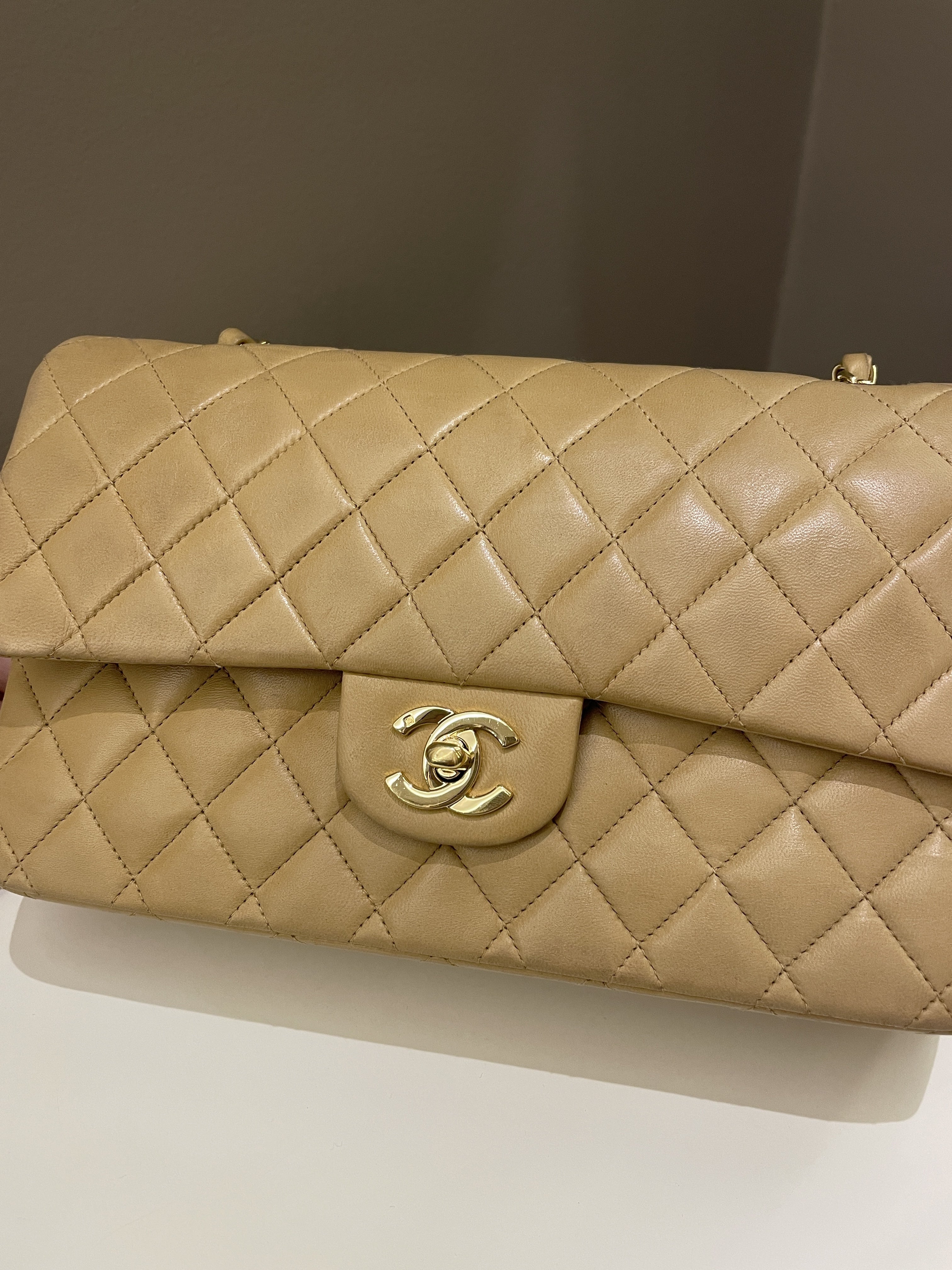 Chanel Vintage Classic Quilted Medium Double Flap Beige Lambskin