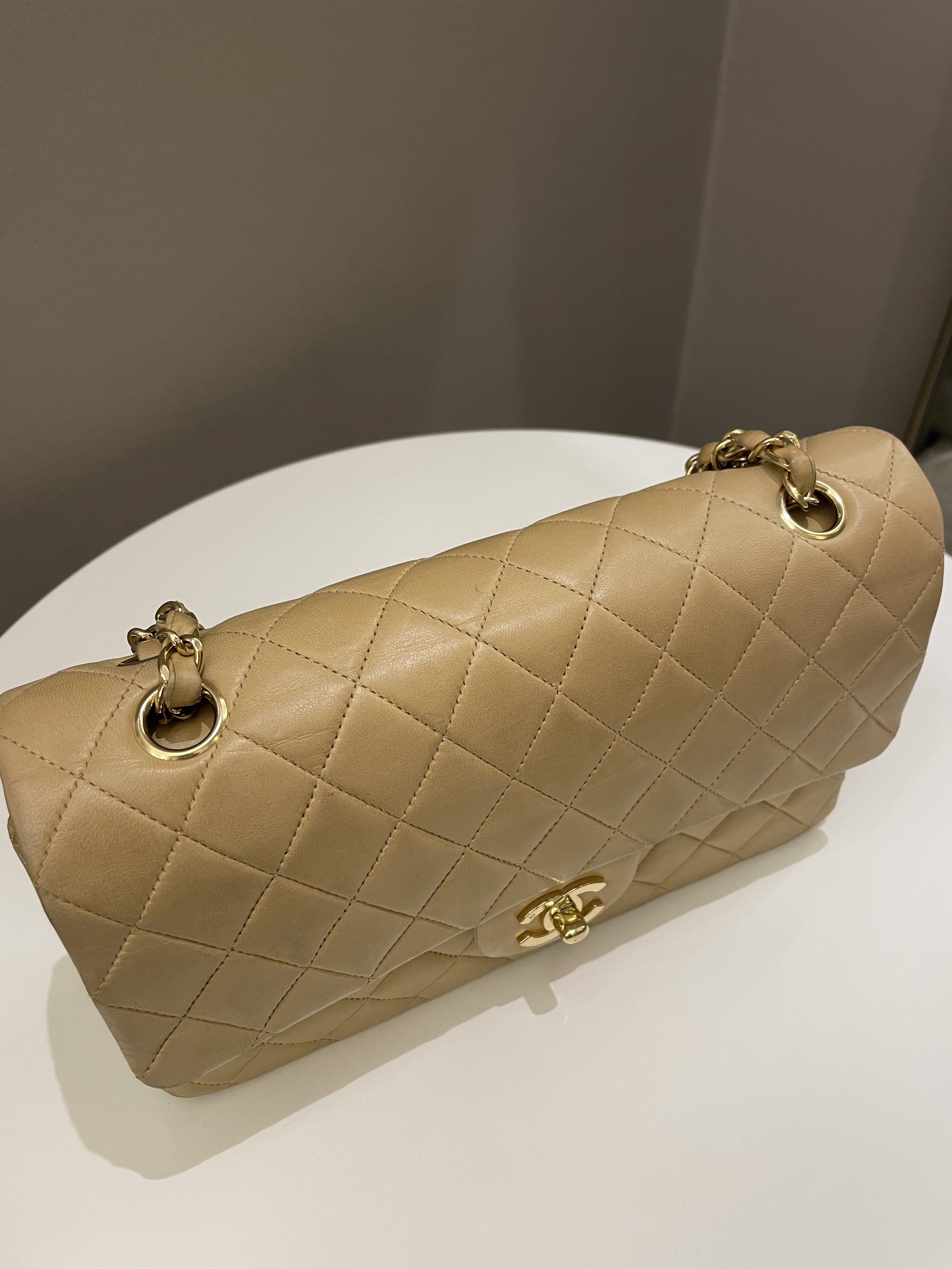 Chanel Vintage Classic Quilted Medium Double Flap Beige Lambskin