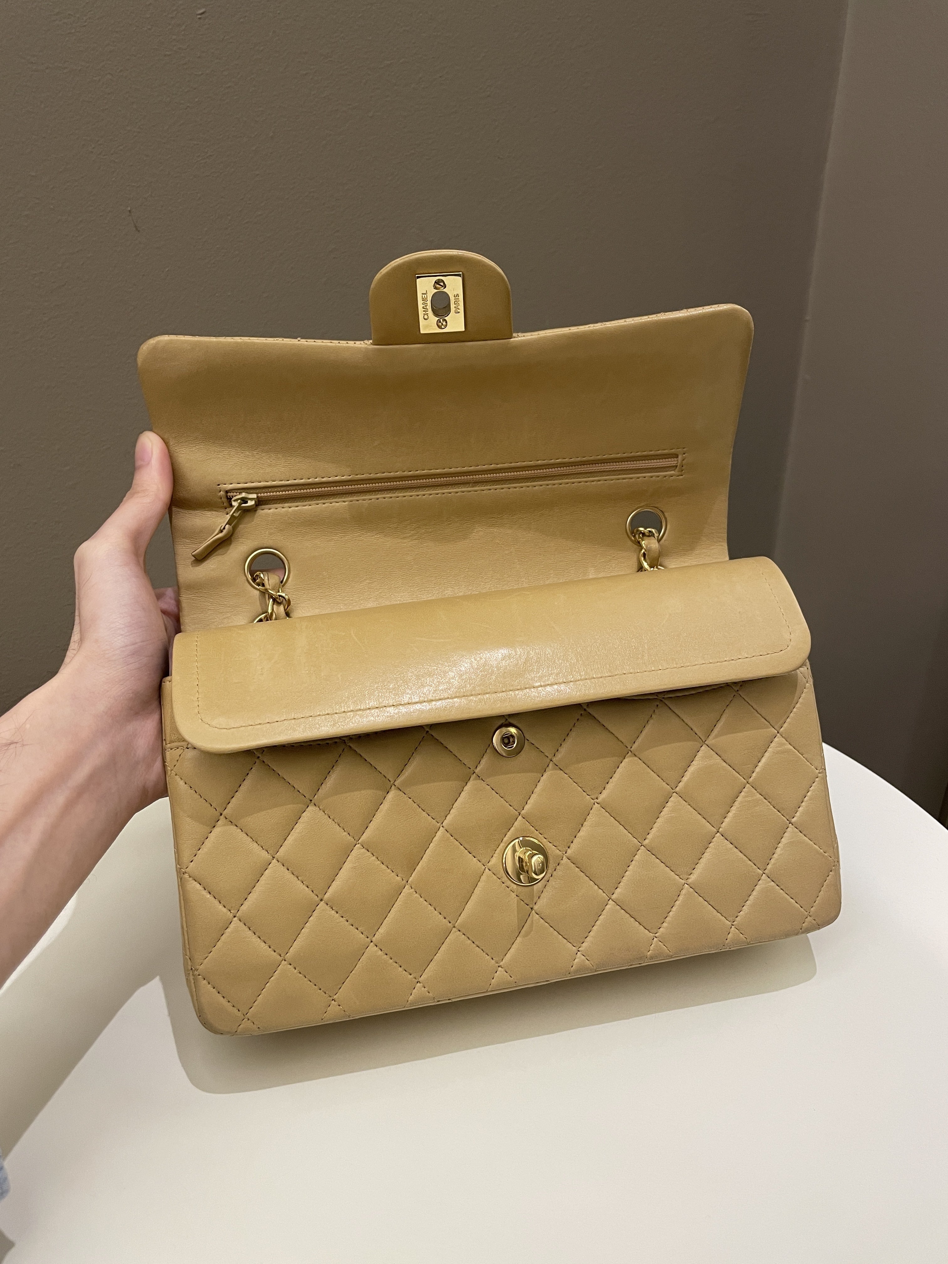 Chanel Vintage Classic Quilted Medium Double Flap Beige Lambskin