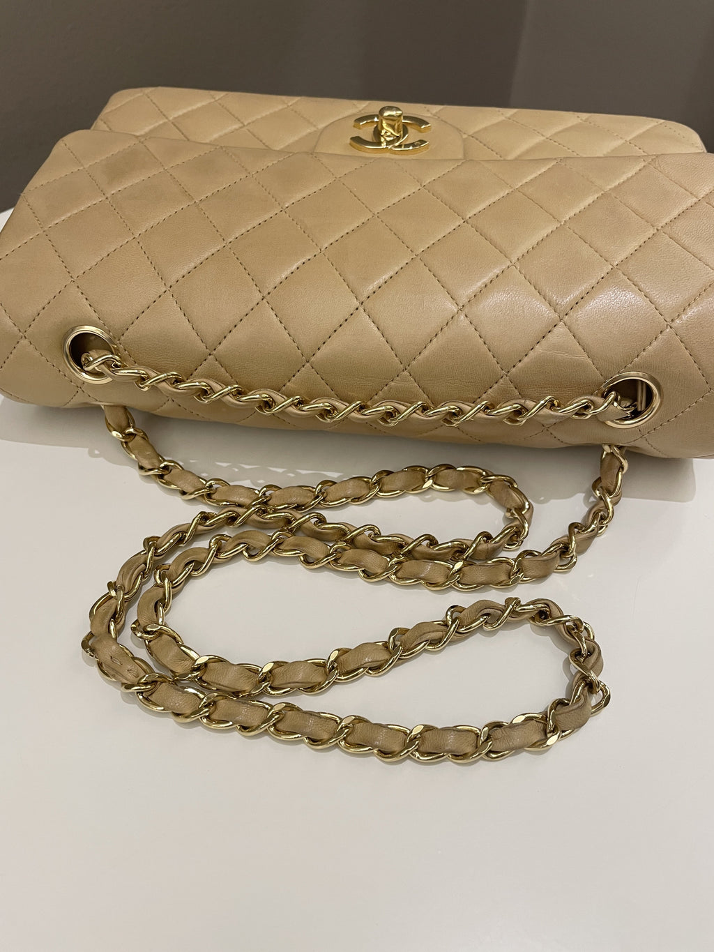 Chanel Vintage Classic Quilted Medium Double Flap Beige Lambskin