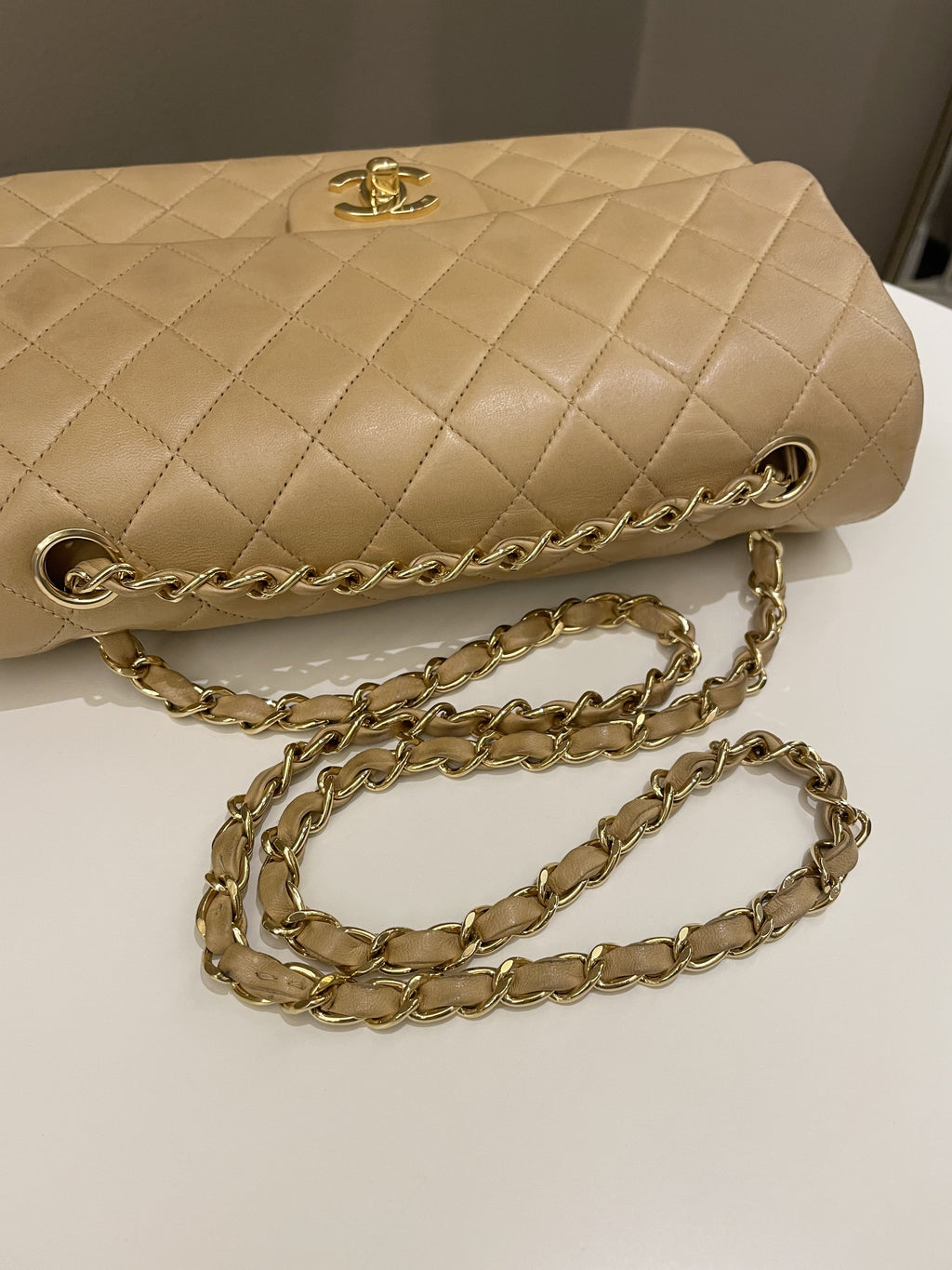 Chanel Vintage Classic Quilted Medium Double Flap Beige Lambskin