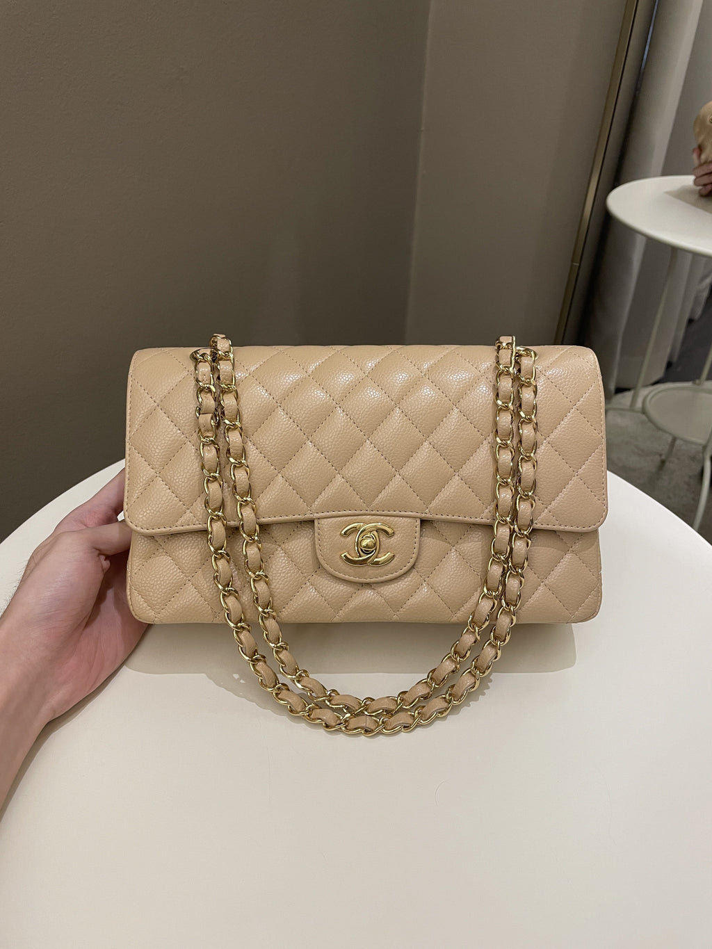 Chanel Classic Quilted Medium Double Flap Beige Claire Caviar