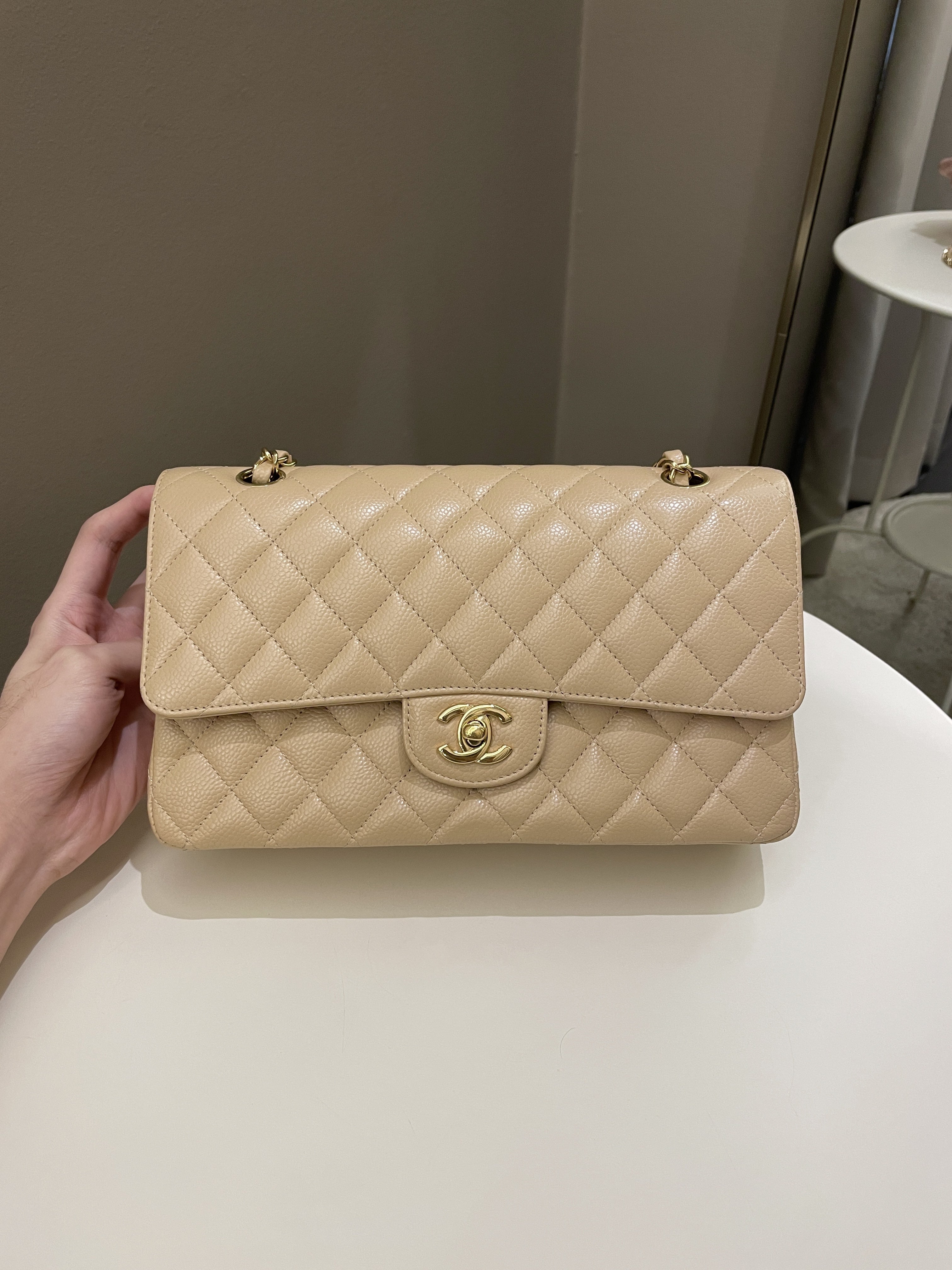 Chanel Classic Quilted Medium Double Flap Beige Claire Caviar