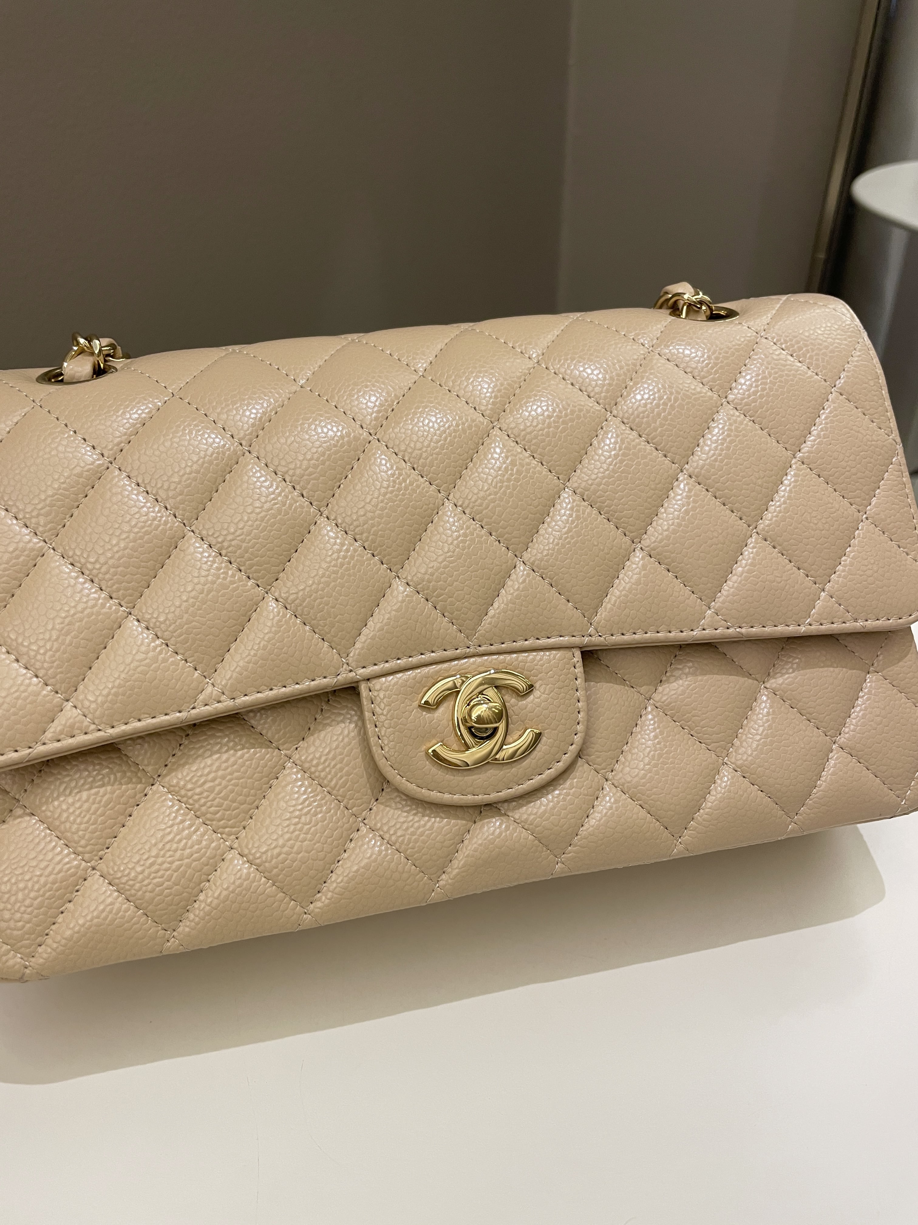 Chanel Classic Quilted Medium Double Flap Beige Claire Caviar