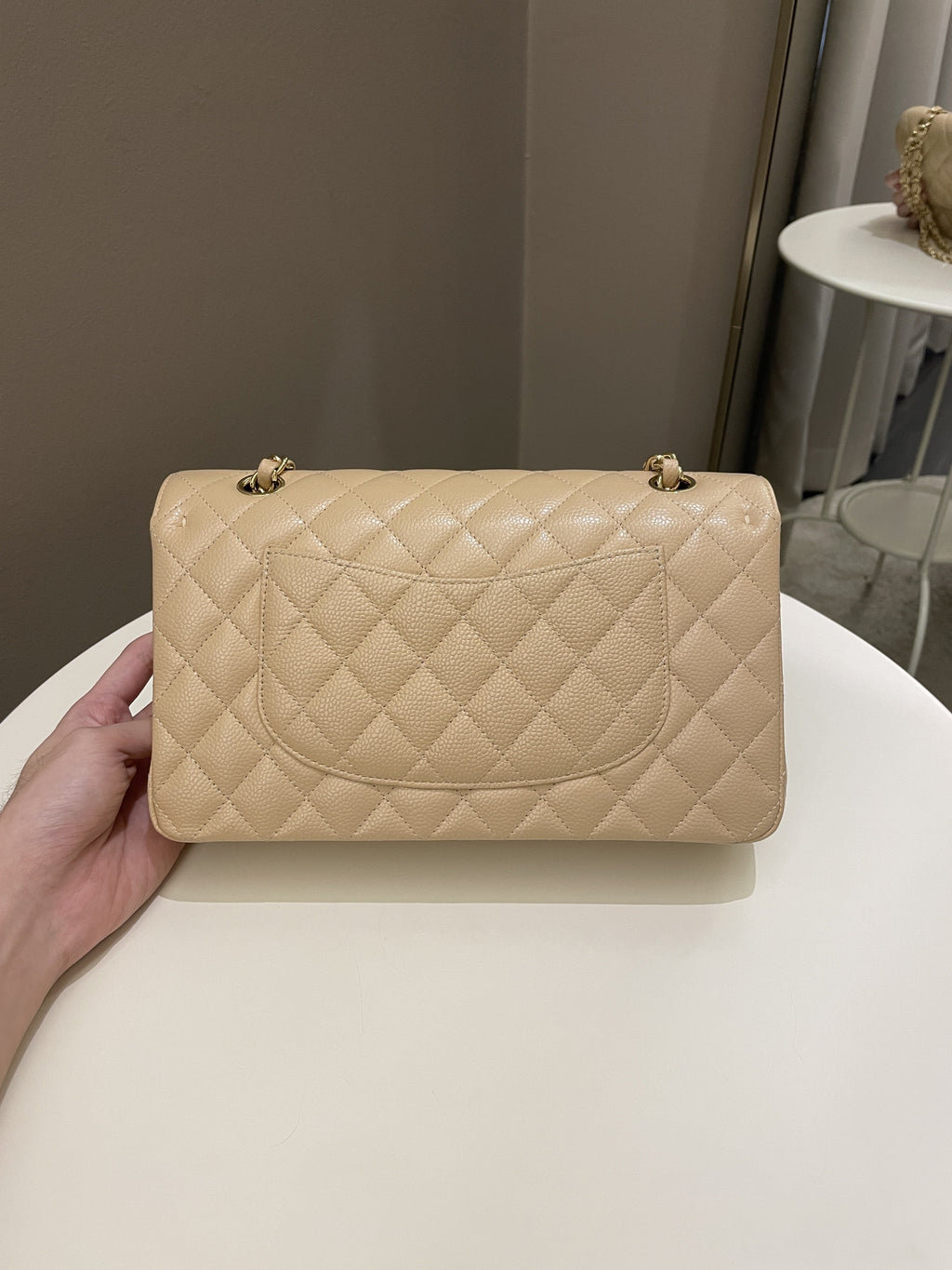 Chanel Classic Quilted Medium Double Flap Beige Claire Caviar