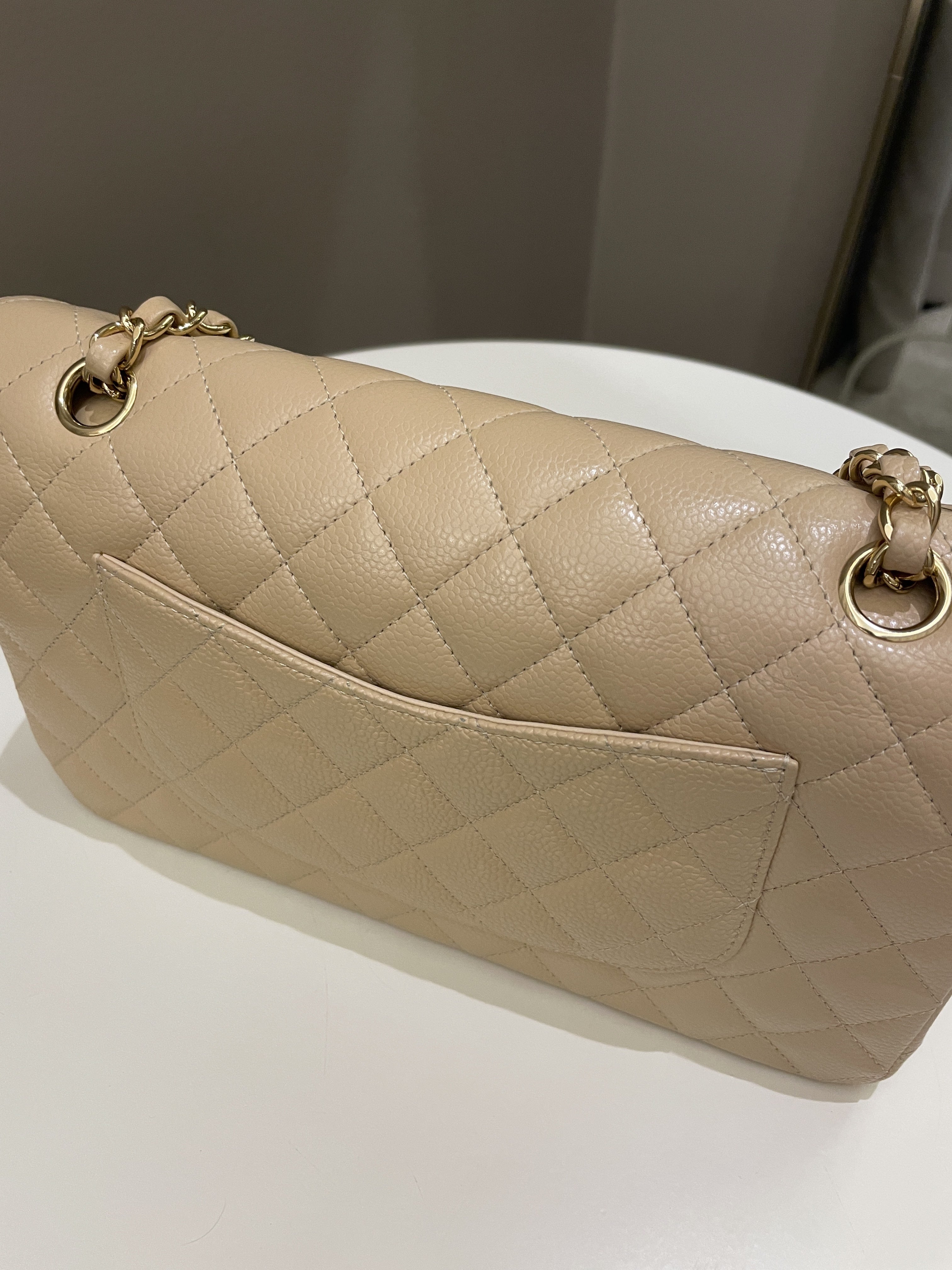 Chanel Classic Quilted Medium Double Flap Beige Claire Caviar