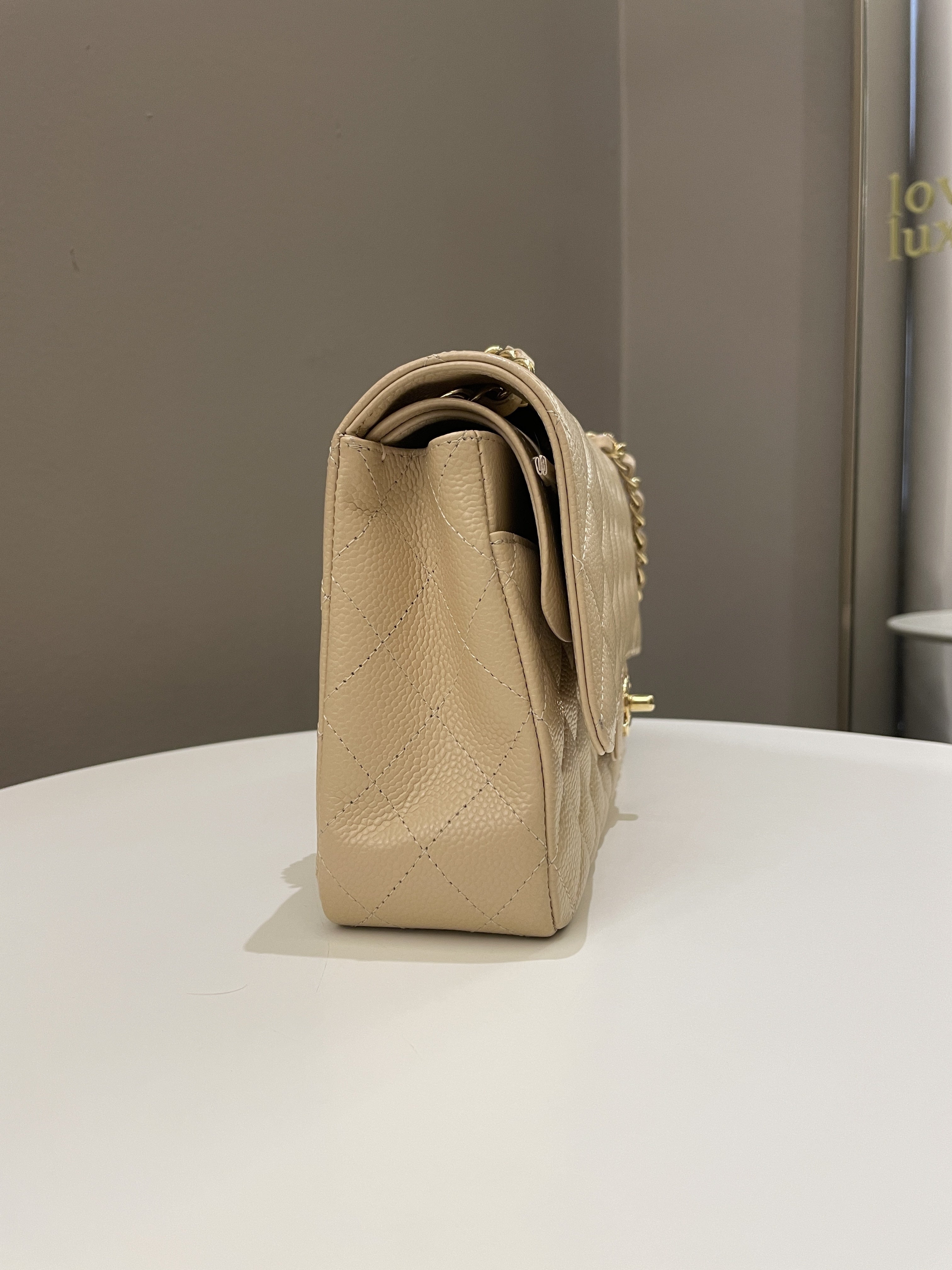 Chanel Classic Quilted Medium Double Flap Beige Claire Caviar