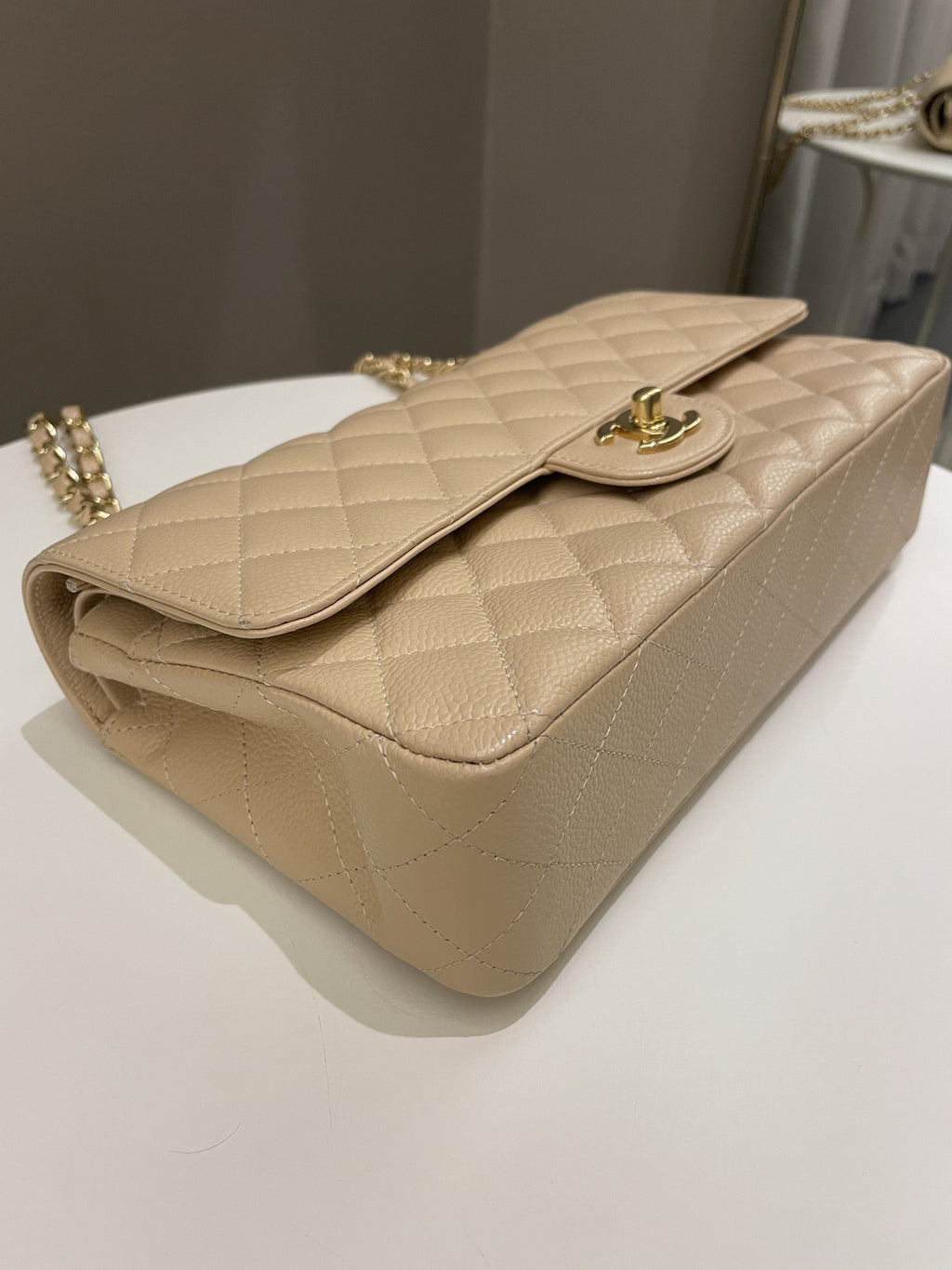 Chanel Classic Quilted Medium Double Flap Beige Claire Caviar