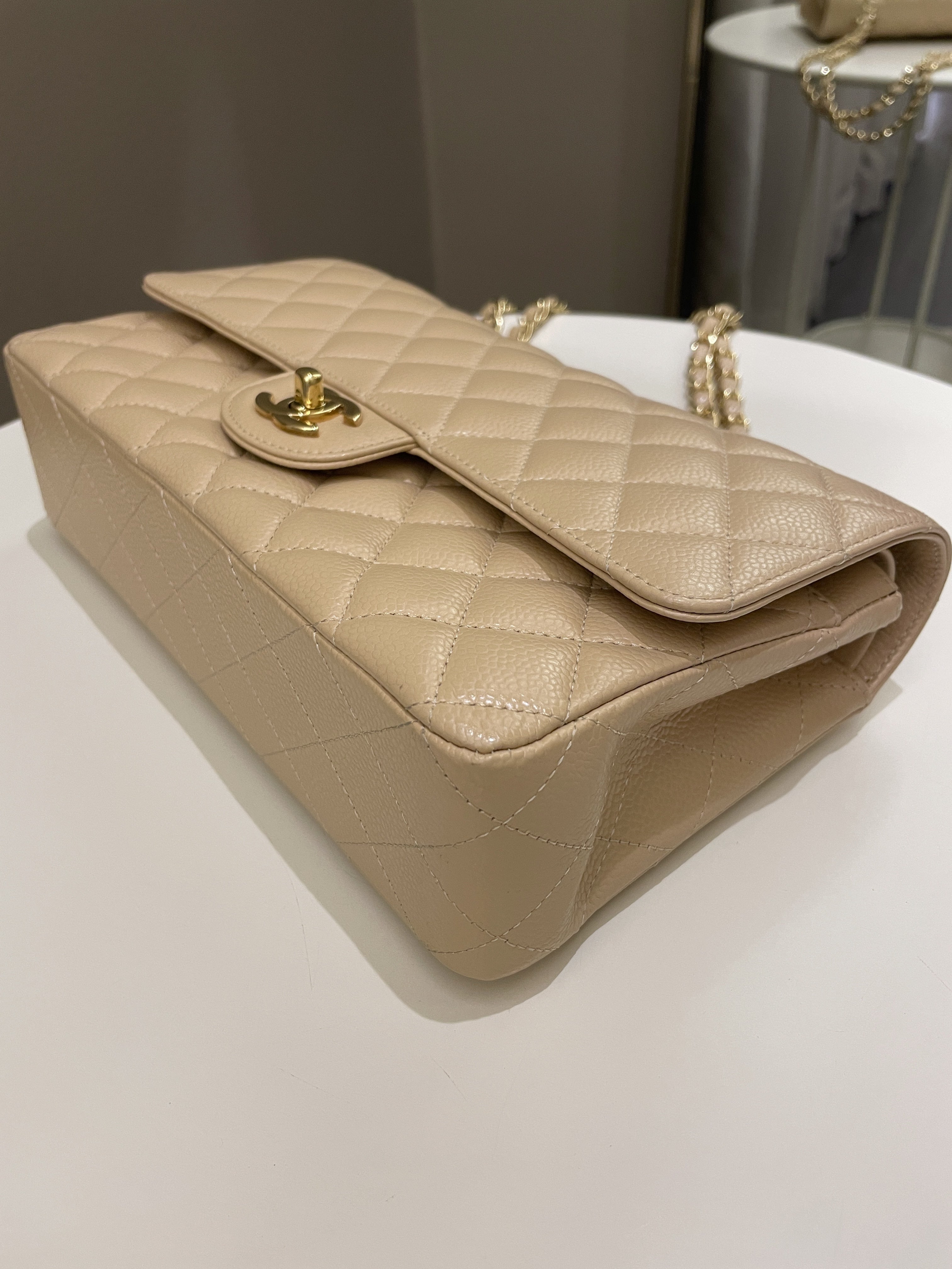 Chanel Classic Quilted Medium Double Flap Beige Claire Caviar