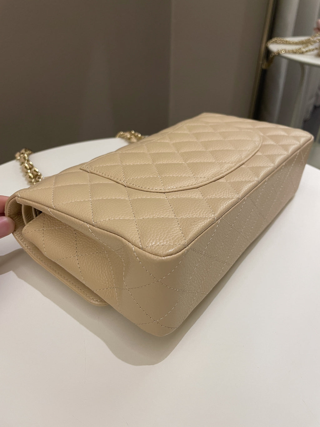 Chanel Classic Quilted Medium Double Flap Beige Claire Caviar