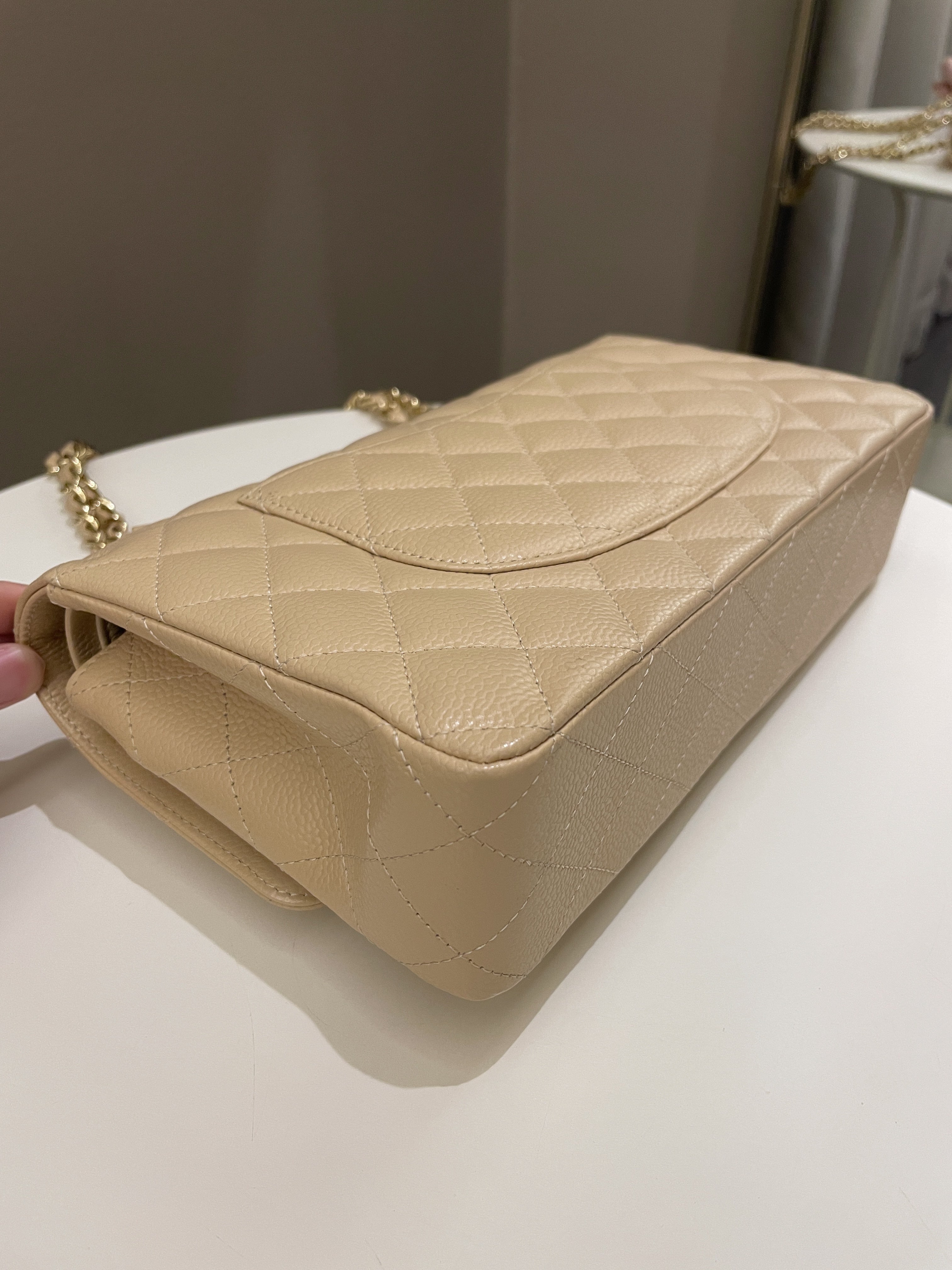 Chanel Classic Quilted Medium Double Flap Beige Claire Caviar